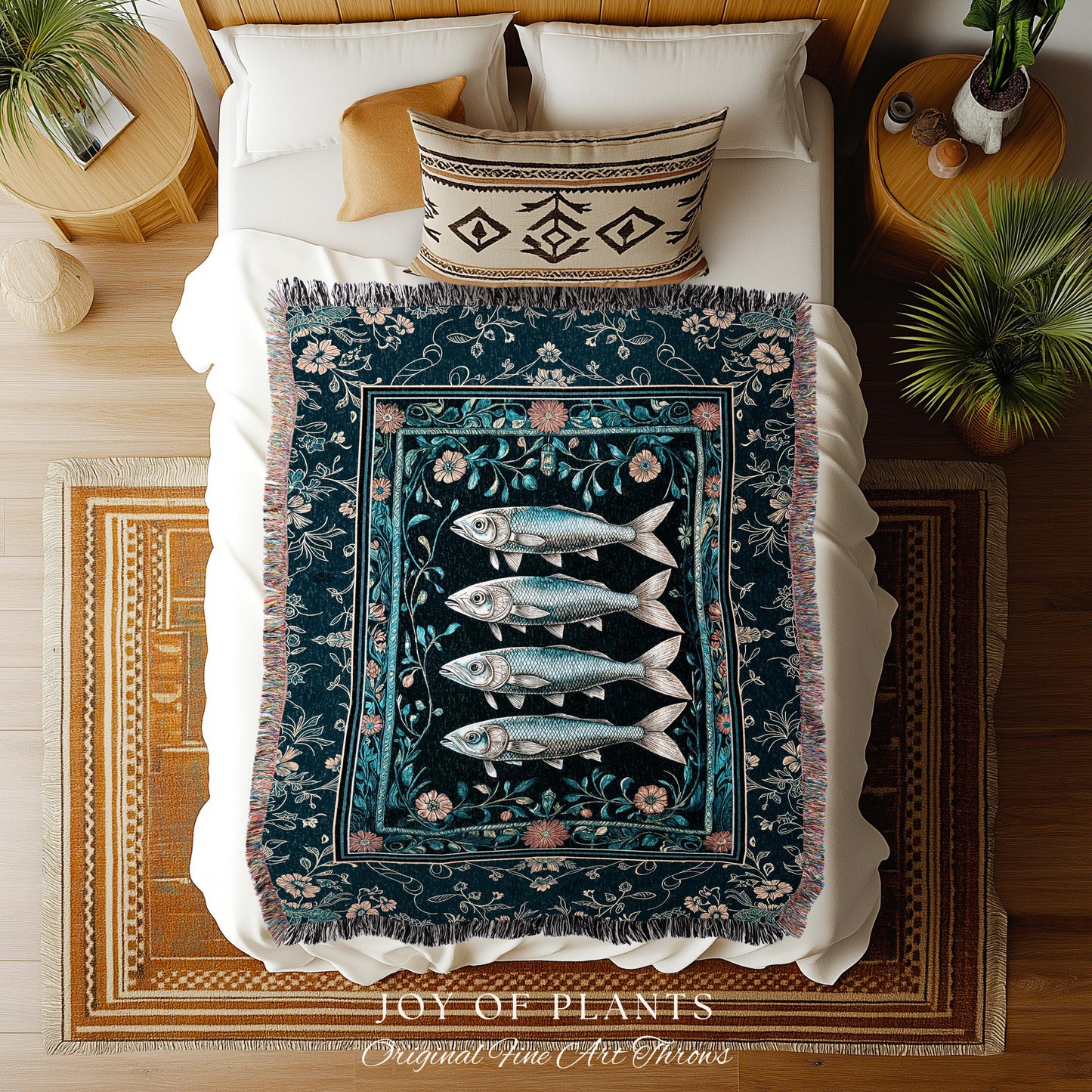 Modern Lake House Cozy Throw Blanket | Indie Coastal Themed Woven Throw Blanket Ocean Eclectic Sea Life Tapestry Sardine Wall Art Rustic |