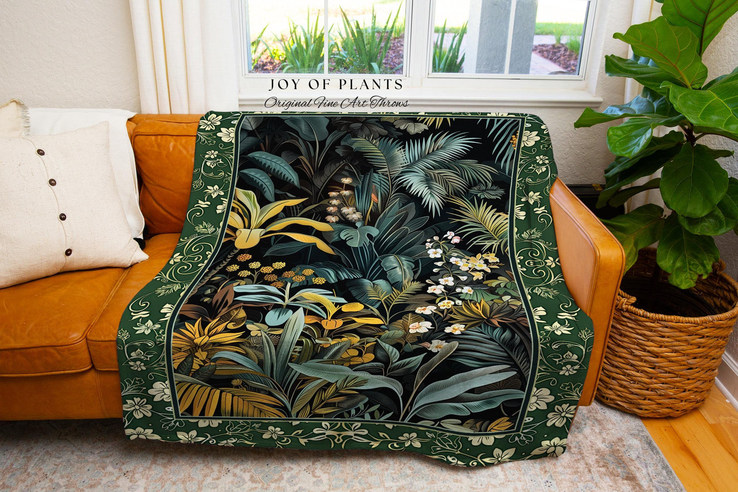 Jungle Leaves Botanical Woven Tapestry | Tropical Jungle Nature Lover Book Nook Cozy Plant Lover Boho Bedroom Decor Elegant Woven Blanket |