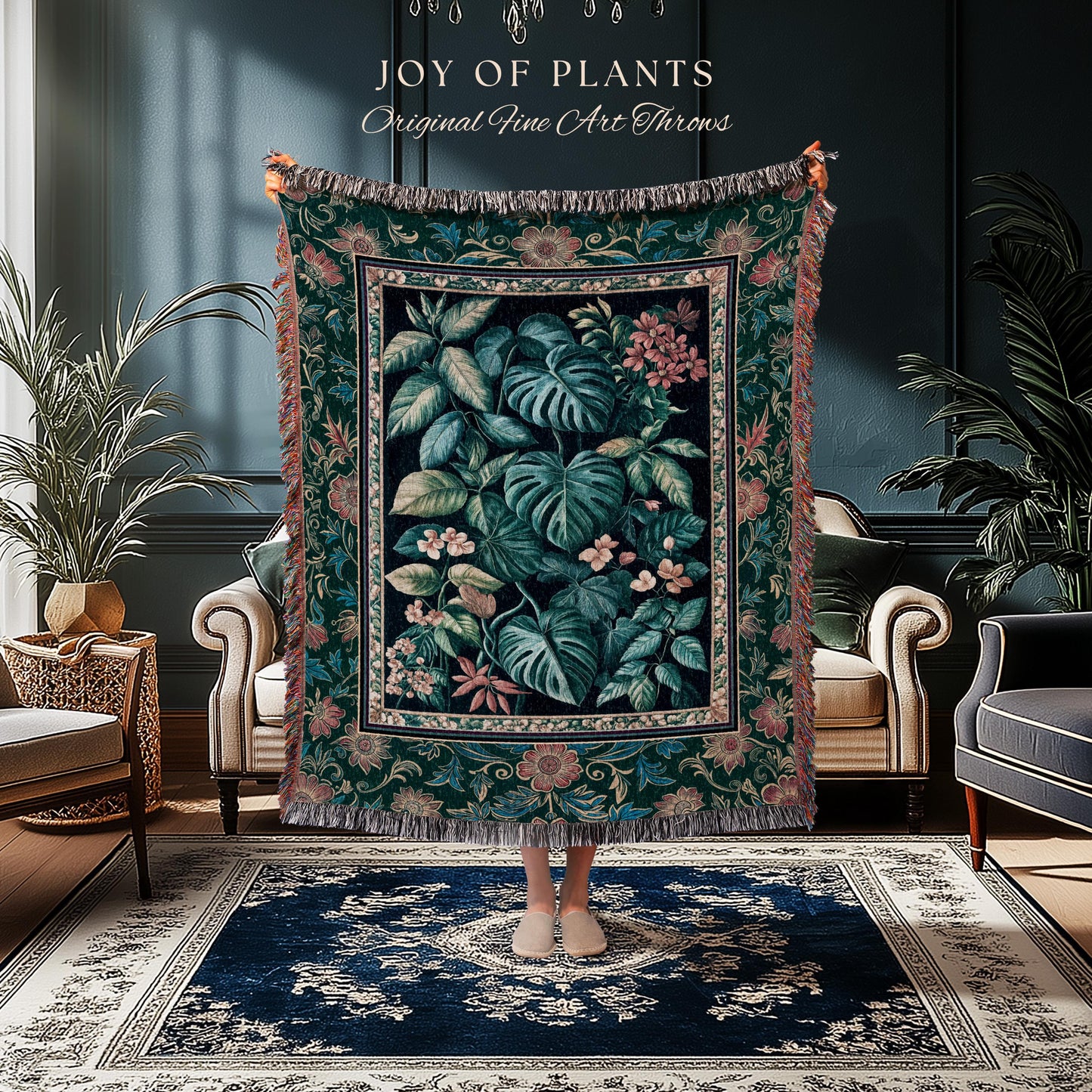 Elegant Botanicals Dark Forestcore Blanket | Woodland Fairycore Tapestry Woven Wall Art Dark Cottagecore Vintage Style Moody Bedroom Teal |
