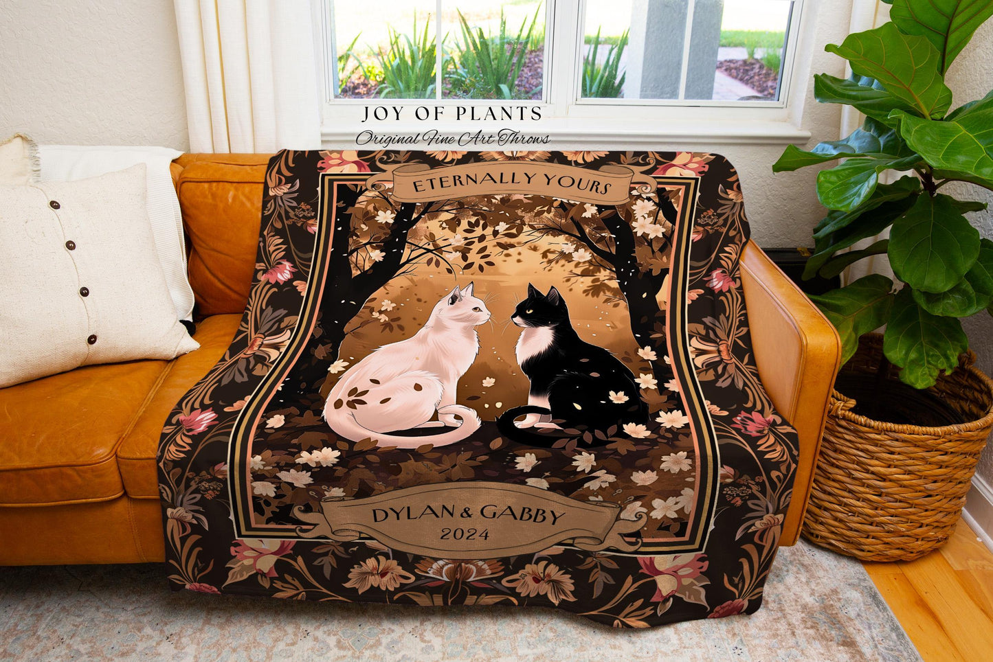 Eternally Yours Cat Couple Personalized Blanket | Dark Floral Woodland Aesthetic Woven Throw Custom Dark Academia Gift for Girlfriend Cute |