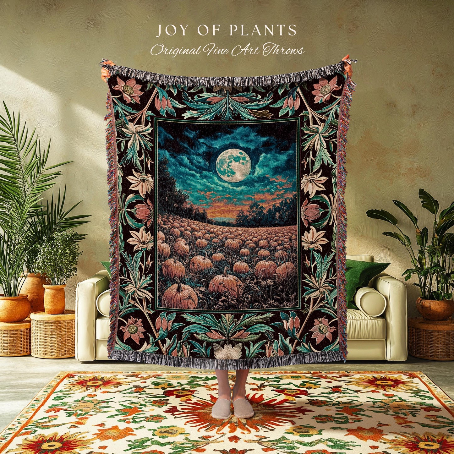 Bookish Cozy Fall Throw Blanket | Floral Autumn Aesthetic Gothiccore Light Academia Whimsigoth Pumpkin Tapestry Cute Spooky Rustic Decor |