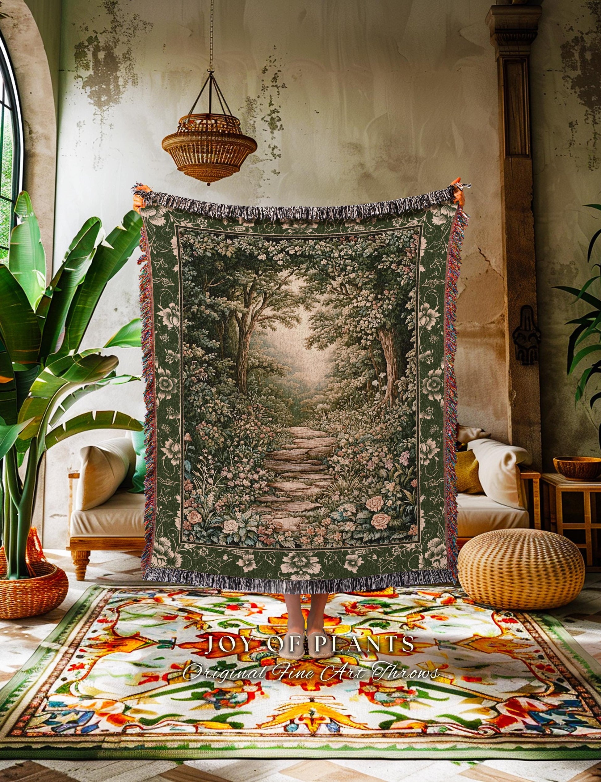 Mystic Garden Fairytale Landscape Tapestry Throw | Fairycore Woodland Nature Lover Book Nook Blanket Cozy Earthy Home Decor Whimsical Floral