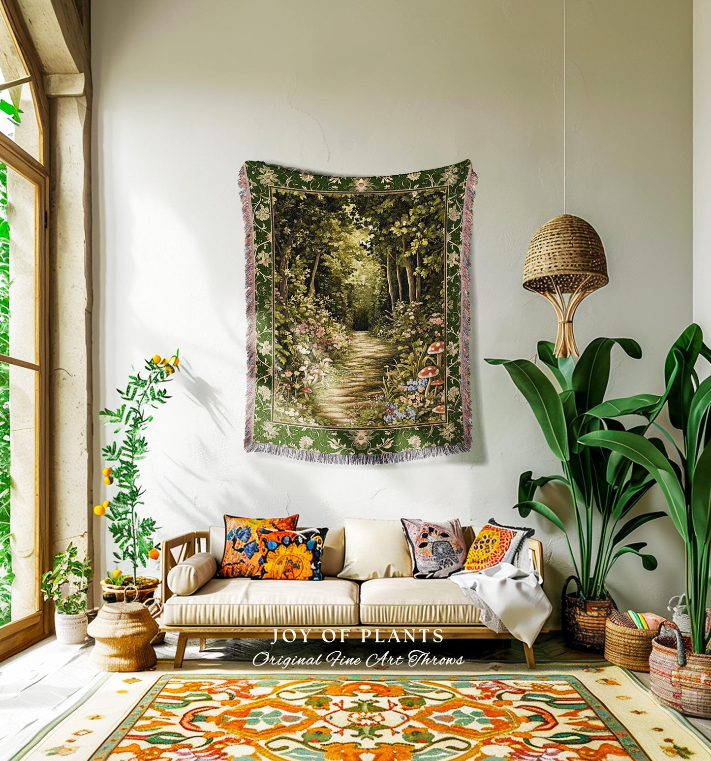 Natural Plants Ethereal Folklore Throw Blanket | Woodland Fairy Inspired Nature Lover Bedroom Cozy Earthy Woven Tapestry Mystical Floral |