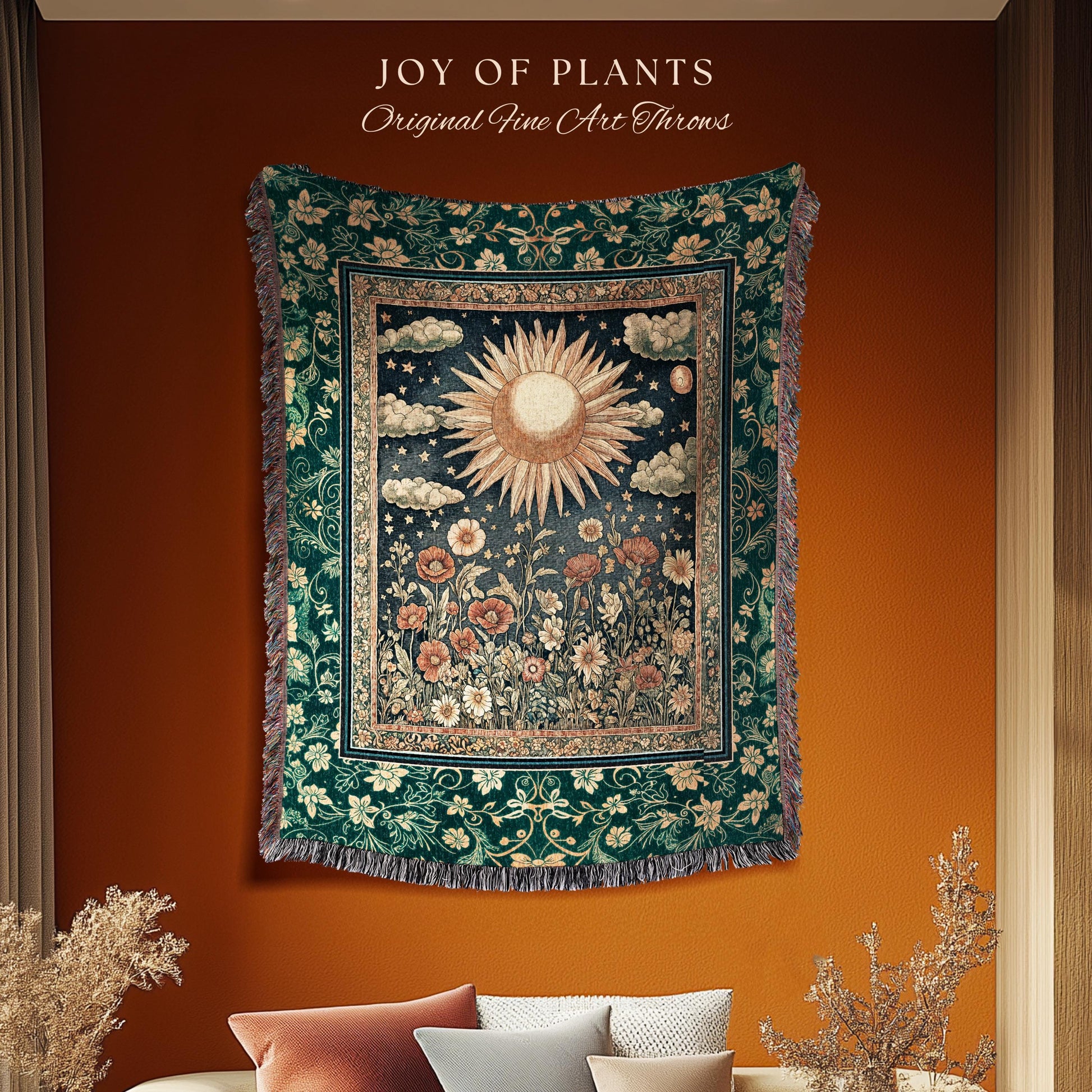 Maximalist Sun Goddess Tapestry | Nature Botanical Throw Blanket Floral Light Academia Spiritual Aesthetic Zodiac Theme Celestial Bedroom