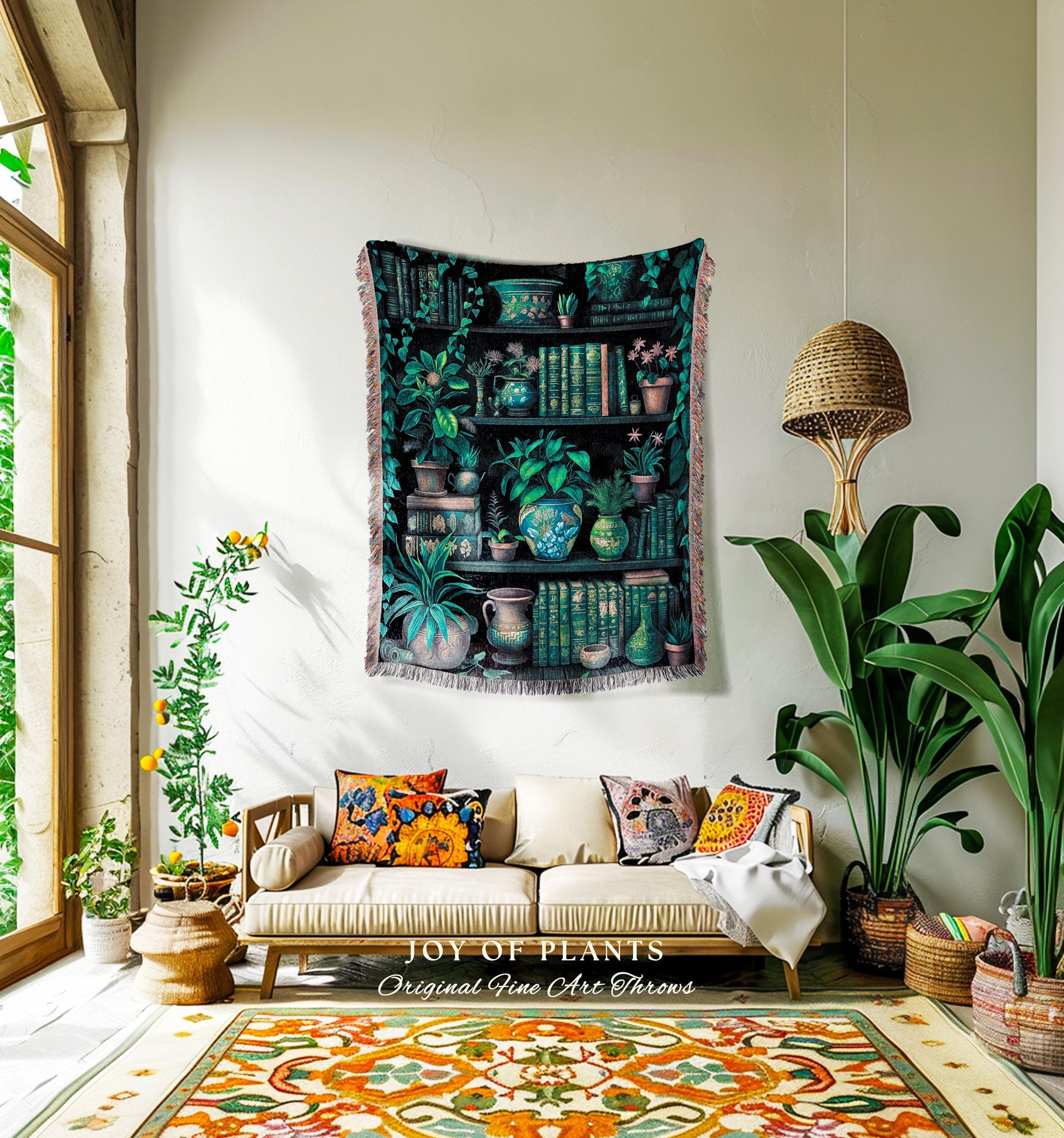 Moody Botanical Bookshelf Blanket | Witchy Reading Blanket Dark Cottagecore Woven Tapestry Wall Hanging Haunted Library Aesthetic Gothic