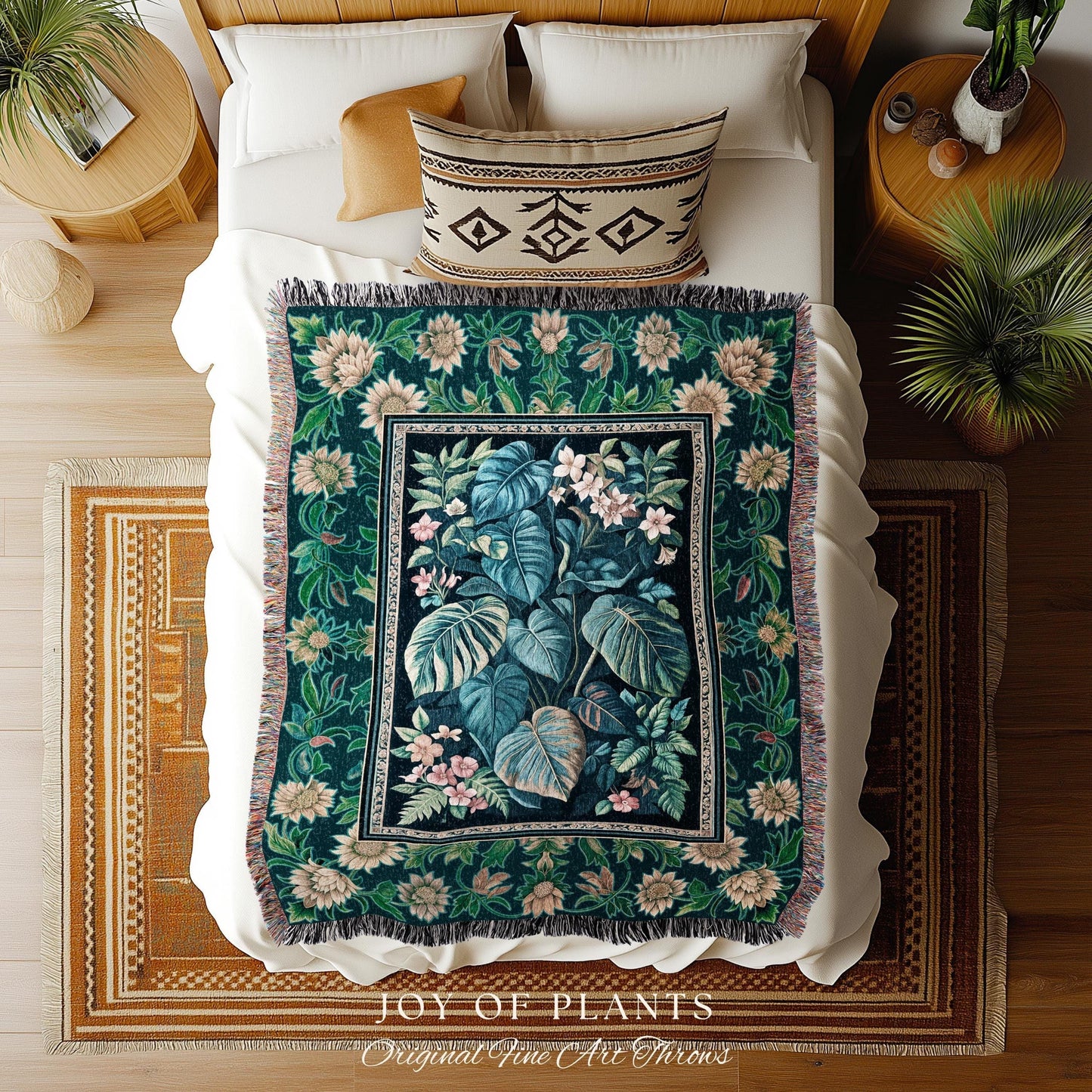 Ethereal Botanicals Woven Coverlet Blanket | Houseplant Bedroom Monstera Maximalist Leaf Bedding Dark Academia Aesthetic Woven Tapestry |