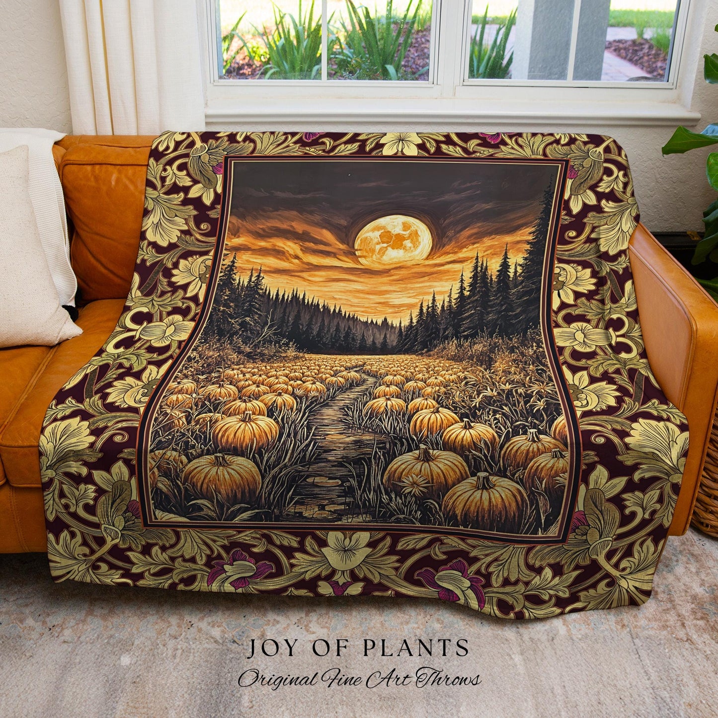 Autumn Night Sky Rustic Fall Throw | Cozy Spooky Pumpkin Vibes Midnight Landscape Decor Whimsigoth Aesthetics Dark Academia Woven Tapestry