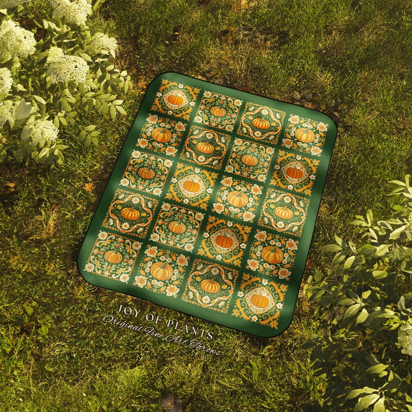 Rustic Halloween Pumpkin Blanket | Dark Forest Green Whimsigoth Throw Blanket Book Nook Home Decor Retro Fall Vibes Gift for Goth Aesthetic