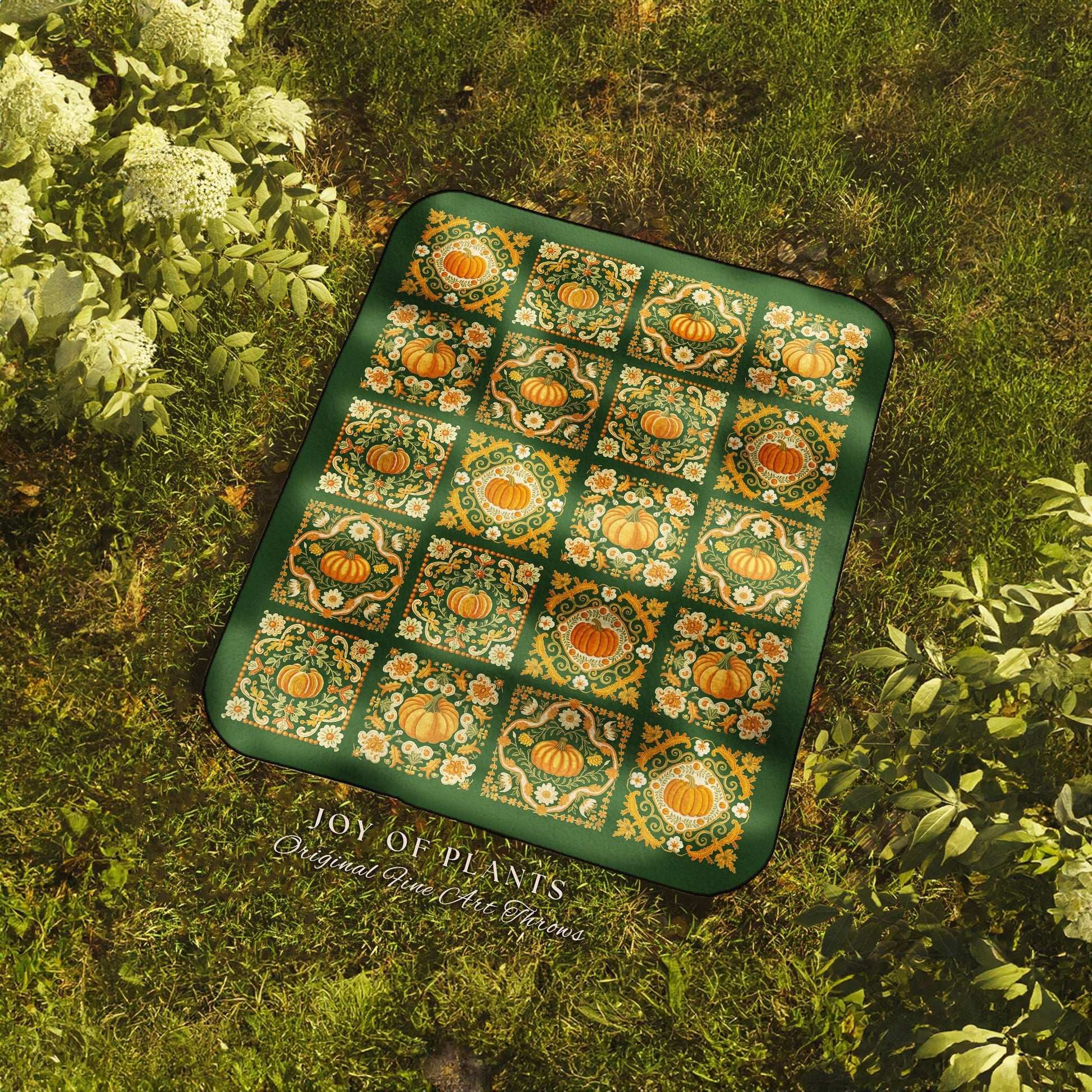 Rustic Halloween Pumpkin Blanket | Dark Forest Green Whimsigoth Throw Blanket Book Nook Home Decor Retro Fall Vibes Gift for Goth Aesthetic