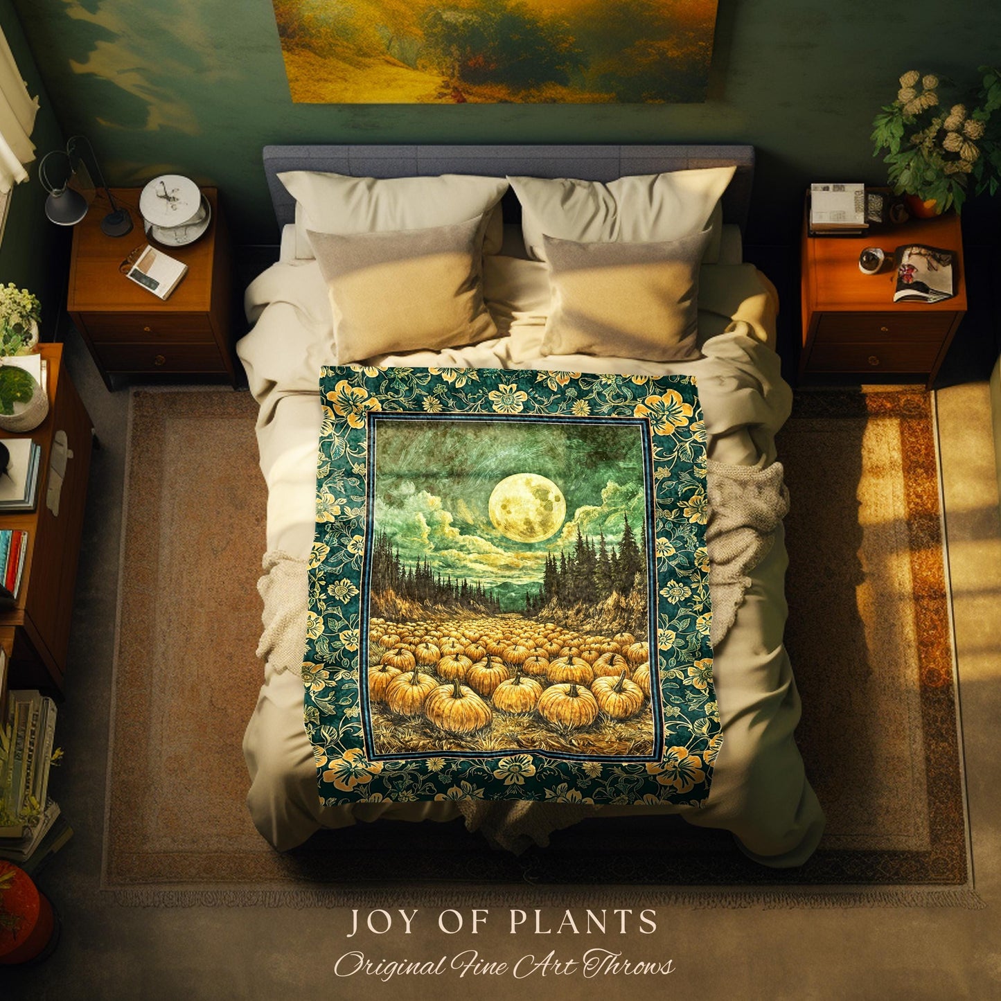 Rustic Full Moon Fall Throw Blanket | Whimsigoth Forest Autumn Vibes Cozy Pumpkin Decor Gothic Academia Aesthetic Halloween Tapestry Accent