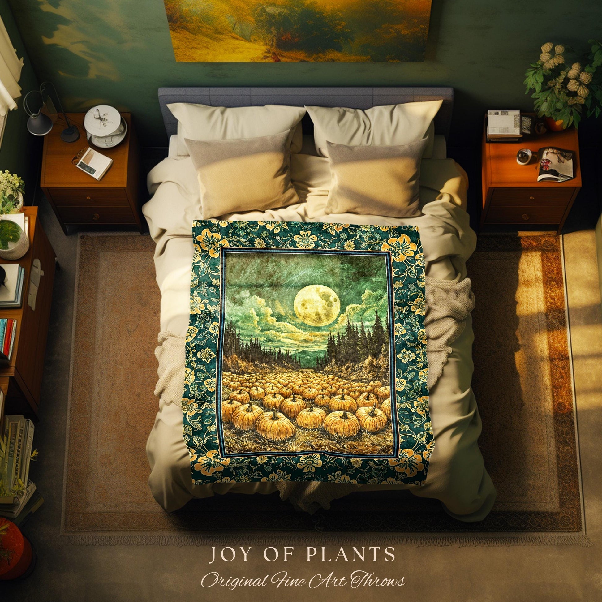 Rustic Full Moon Fall Throw Blanket | Whimsigoth Forest Autumn Vibes Cozy Pumpkin Decor Gothic Academia Aesthetic Halloween Tapestry Accent