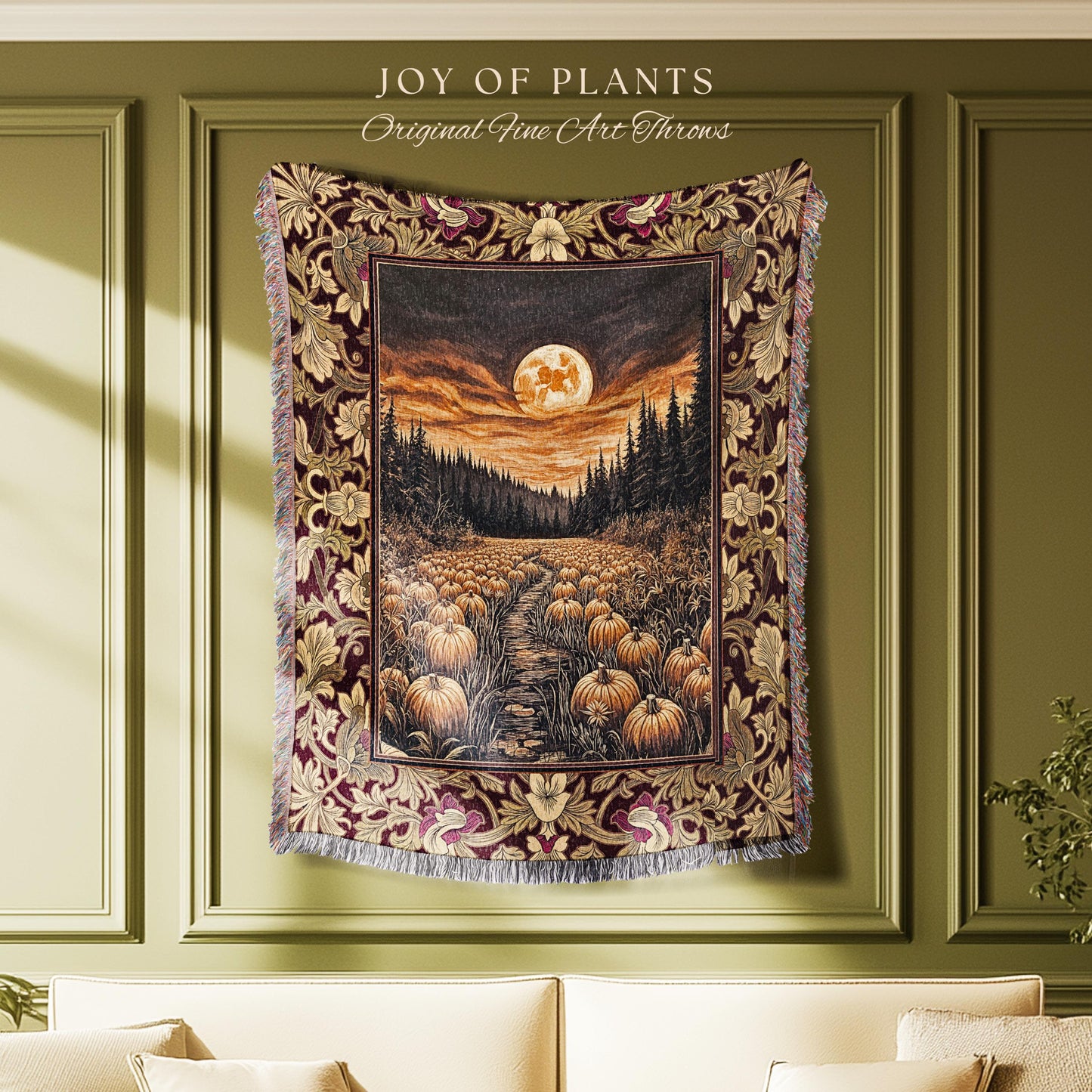 Autumn Night Sky Rustic Fall Throw | Cozy Spooky Pumpkin Vibes Midnight Landscape Decor Whimsigoth Aesthetics Dark Academia Woven Tapestry