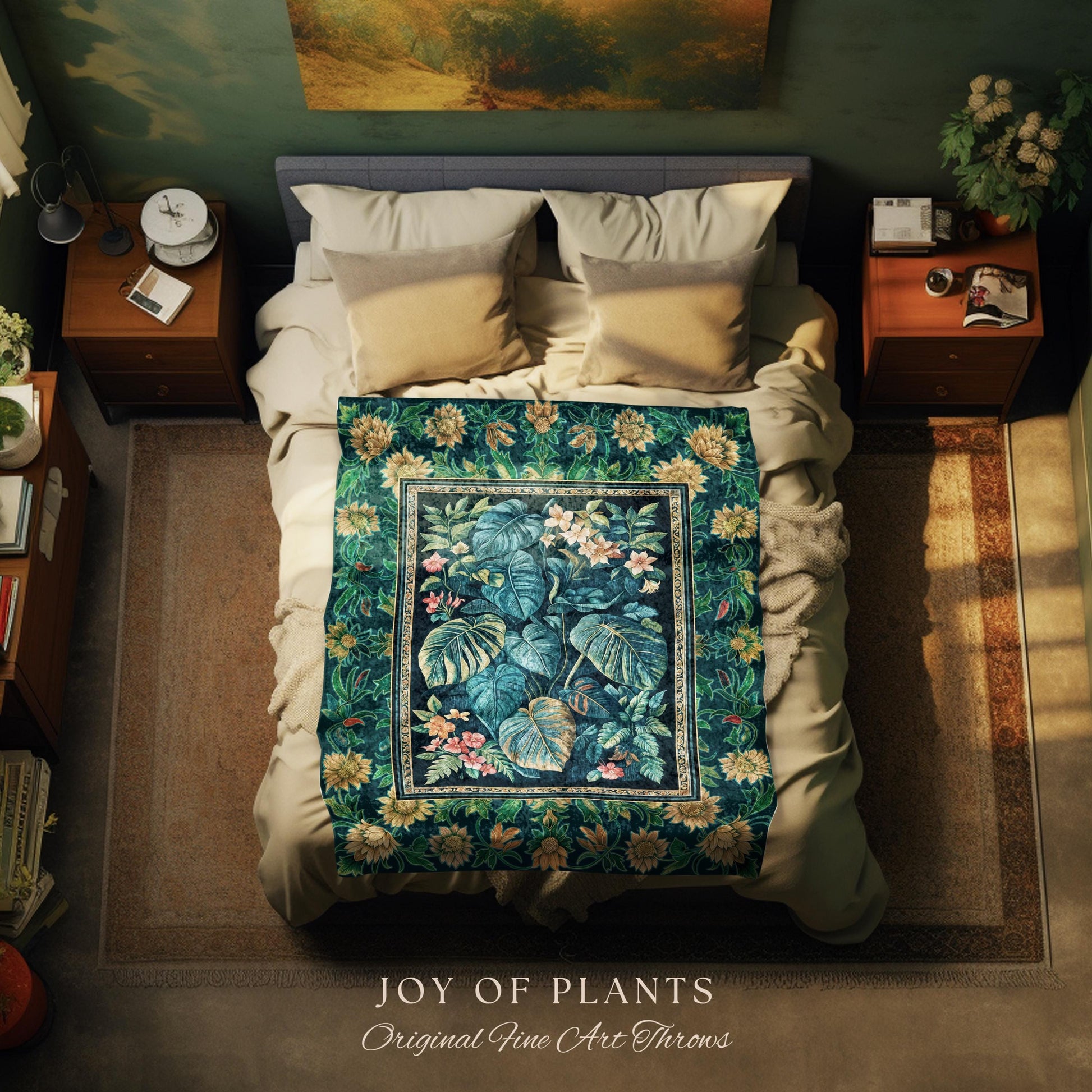 Ethereal Botanicals Woven Coverlet Blanket | Houseplant Bedroom Monstera Maximalist Leaf Bedding Dark Academia Aesthetic Woven Tapestry |