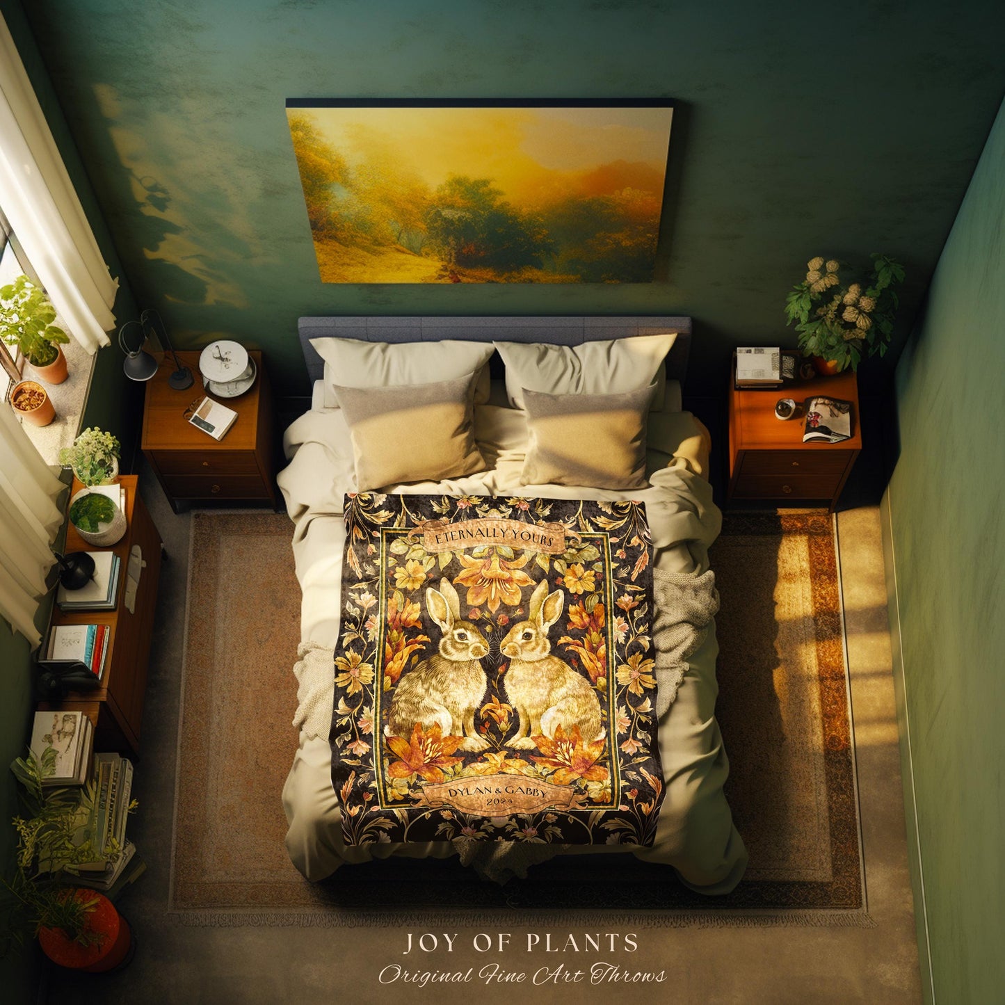 Pastel Florals Romantic Bunny Couple Tapestry | Woodland Fairycore Bunny Blanket Cute Couples Woven Blanket Cottagecore Personalized Throw