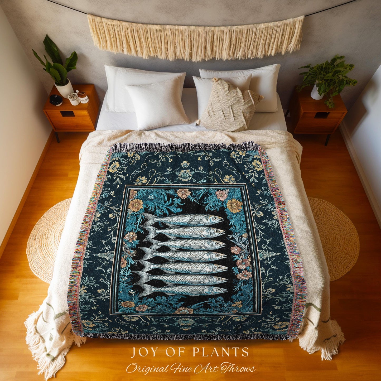 Trendy Coastal Aesthetic Woven Throw Blanket | Eclectic Maximalist Modern Sea Life Tapestry Indie Sardine Wall Art Rustic Nautical Decor |