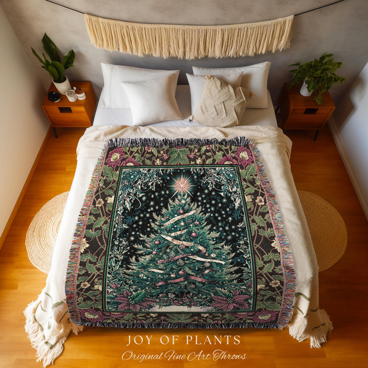 Nostalgic Christmas Tree Woven Blanket | Classic Aesthetic Holiday Tapestry Cozy Starry Night Throw Vintage Winter Decor Cottagecore Style |