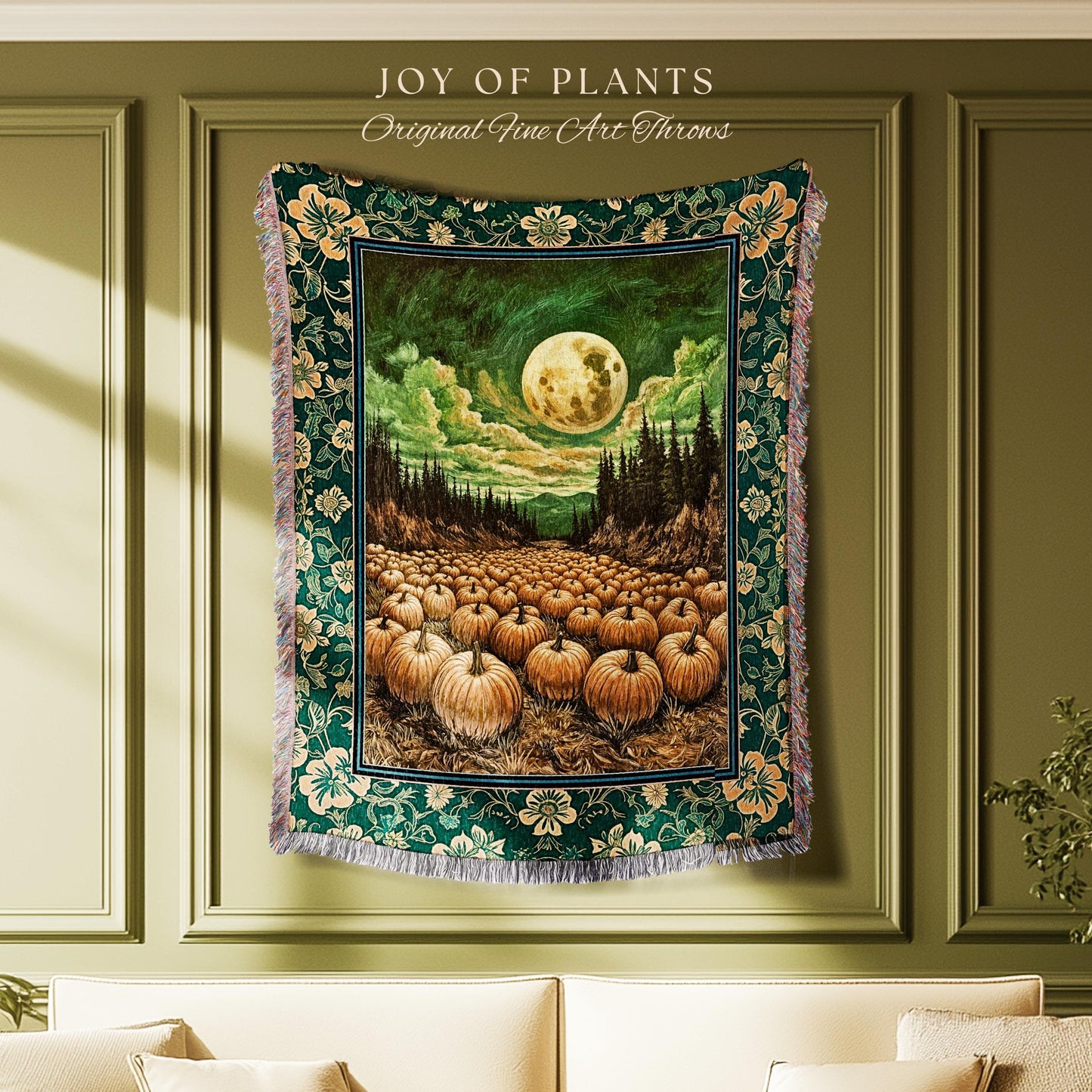 Rustic Full Moon Fall Throw Blanket | Whimsigoth Forest Autumn Vibes Cozy Pumpkin Decor Gothic Academia Aesthetic Halloween Tapestry Accent