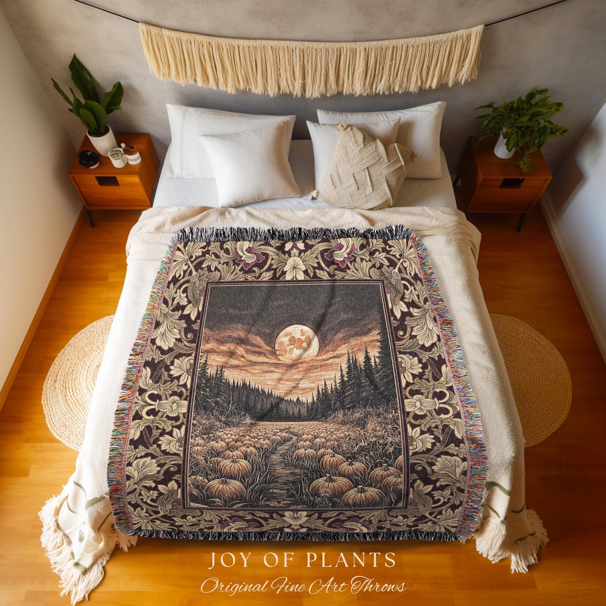 Autumn Night Sky Rustic Fall Throw | Cozy Spooky Pumpkin Vibes Midnight Landscape Decor Whimsigoth Aesthetics Dark Academia Woven Tapestry