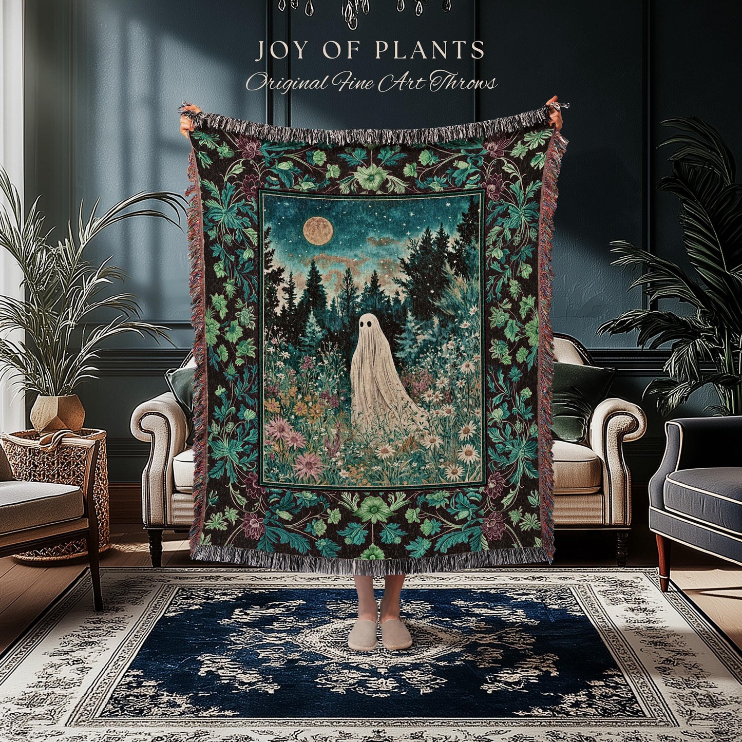 Ghostly Enchantment Wildflower Ghost Blanket | Harvest Moon Celestial Magic Gothic Tapestry Whimsical Cozy Home Decor Botanical Throw Witchy