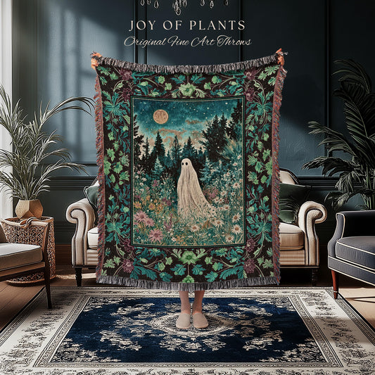 Ghostly Enchantment Wildflower Ghost Blanket | Harvest Moon Celestial Magic Gothic Tapestry Whimsical Cozy Home Decor Botanical Throw Witchy
