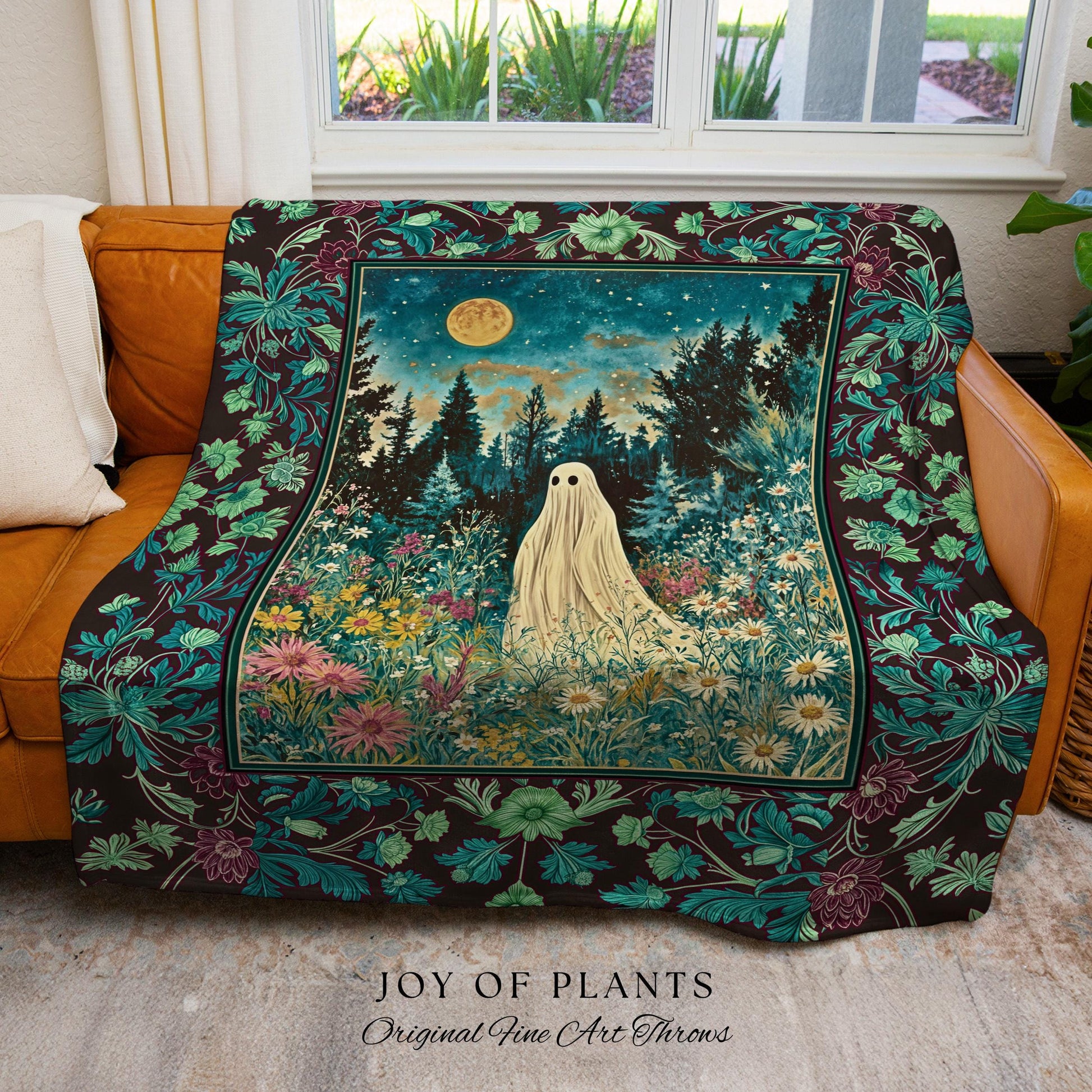 Ghostly Enchantment Wildflower Ghost Blanket | Harvest Moon Celestial Magic Gothic Tapestry Whimsical Cozy Home Decor Botanical Throw Witchy
