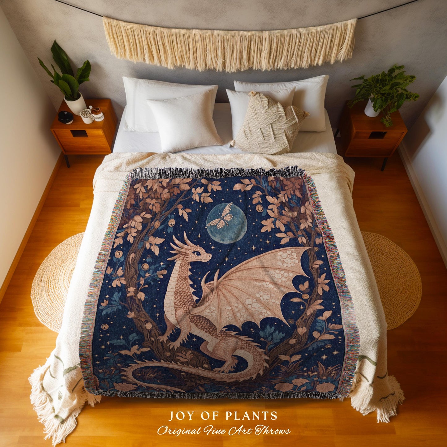 Whimsical Woodland Dragon Tapestry | Medieval Aesthetic Witchy Magical Mythical Creature Decor Cozy Rustic Whimsigothic Wall Hanging Artwork