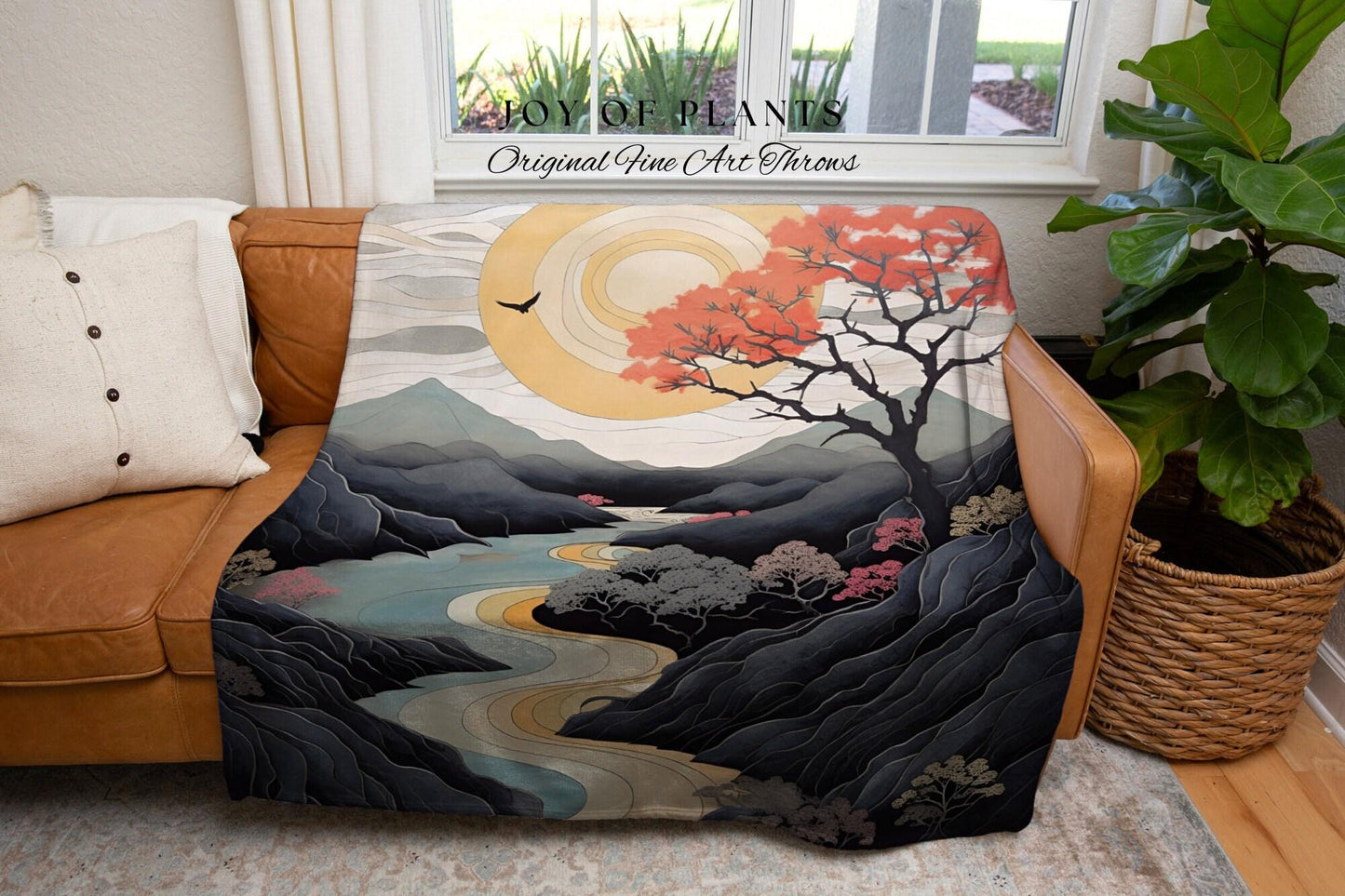 Japanese Landscape Mountain Sun Tapestry Woven Throw Blanket | Tree Tapestry Art Woven Blanket with Nature Japanese Aesthetic Artful Blanket