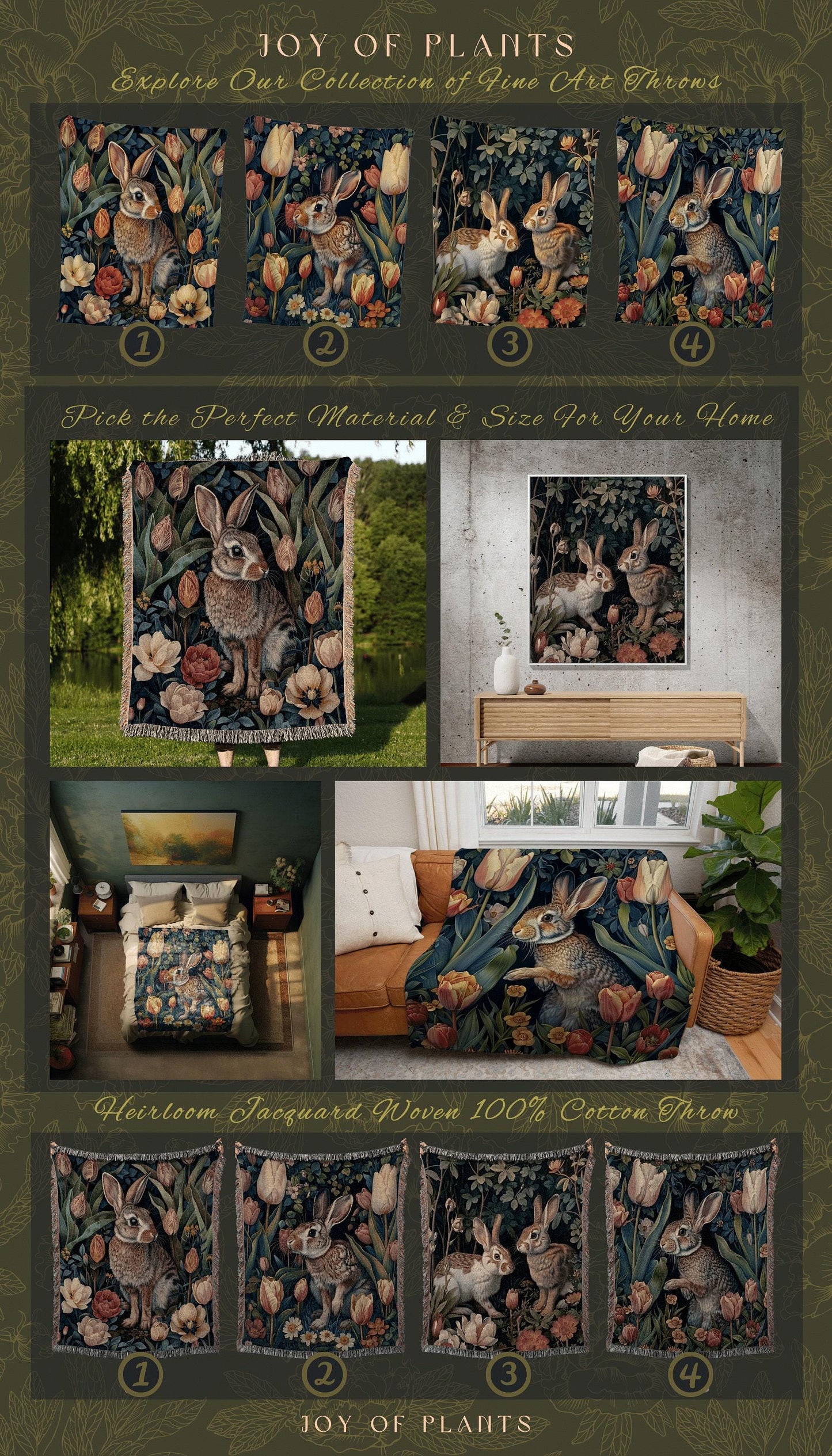 Floral Rabbit Throw Blanket | Spring Wildflowers Blanket Boho Room Decor Woodland Aesthetic Fairy Core Throw Blanket Woven Wallhanging