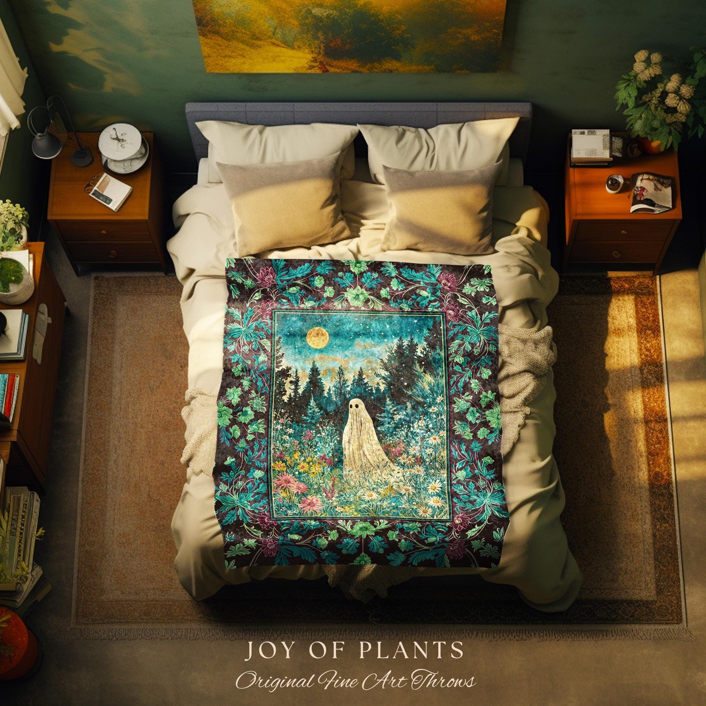 Ghostly Enchantment Wildflower Ghost Blanket | Harvest Moon Celestial Magic Gothic Tapestry Whimsical Cozy Home Decor Botanical Throw Witchy