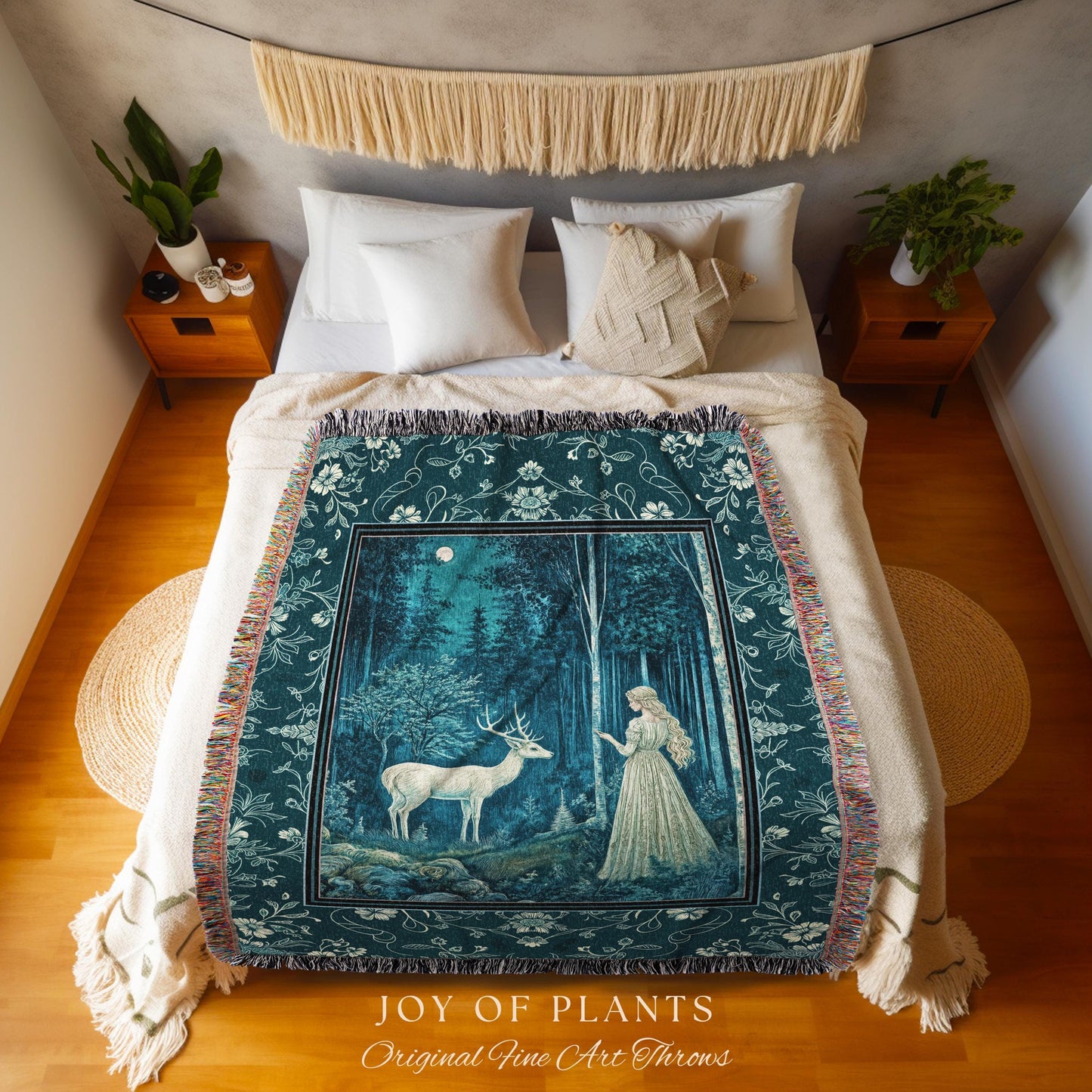 Moonlit Fairytale Mystic Throw Blanket | Misty Moonlit Landscape Whimsical Woven Tapestry Storybook Theme Maximalist Coquette Whimsical Art