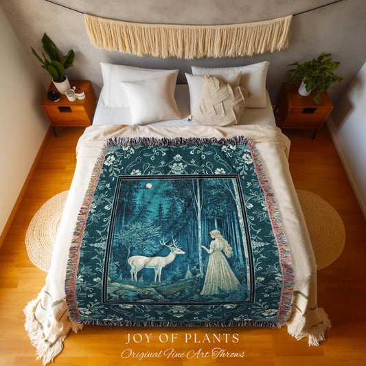 Moonlit Fairytale Mystic Throw Blanket | Misty Moonlit Landscape Whimsical Woven Tapestry Storybook Theme Maximalist Coquette Whimsical Art