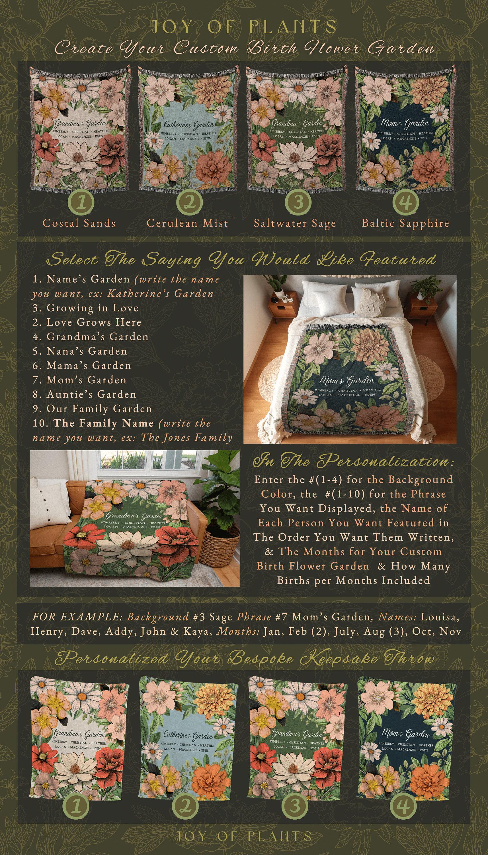 Grandma's Garden Birth Flower Blanket | Gift for Grandparents Custom Family Name Blanket Personalized Birth Month Flower Throw Blanket Woven