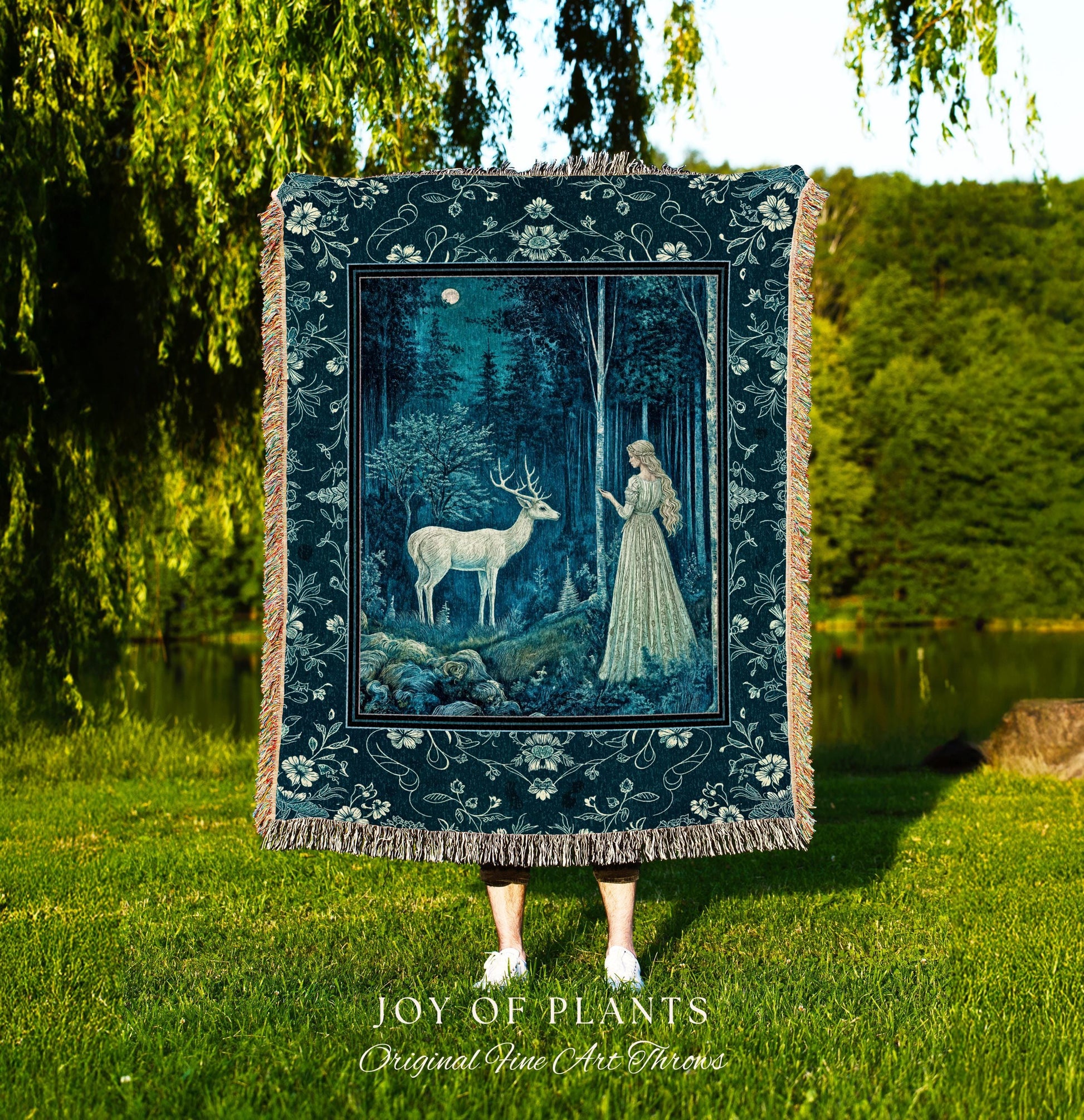Moonlit Fairytale Mystic Throw Blanket | Misty Moonlit Landscape Whimsical Woven Tapestry Storybook Theme Maximalist Coquette Whimsical Art