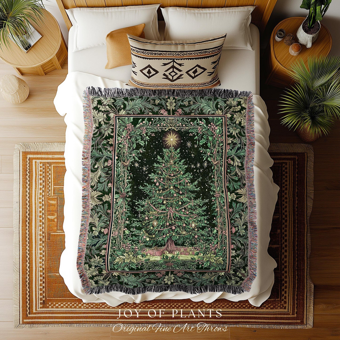 Tannenbaum Rustic Tree Throw Blanket | Vintage Woven Christmas Tapestry Cozy Cottagecore Decor Winter Festive Classic Holiday Aesthetic |