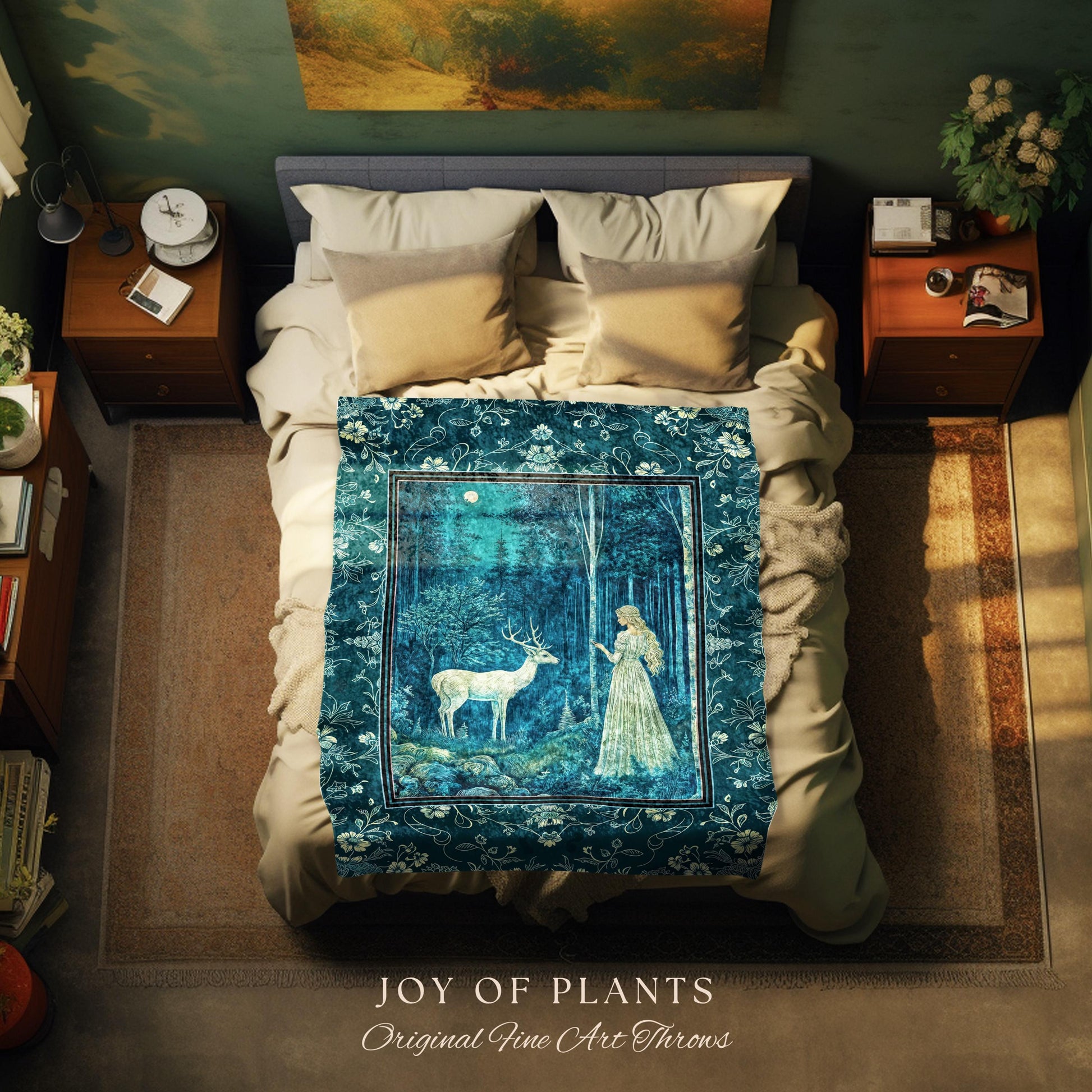 Moonlit Fairytale Mystic Throw Blanket | Misty Moonlit Landscape Whimsical Woven Tapestry Storybook Theme Maximalist Coquette Whimsical Art