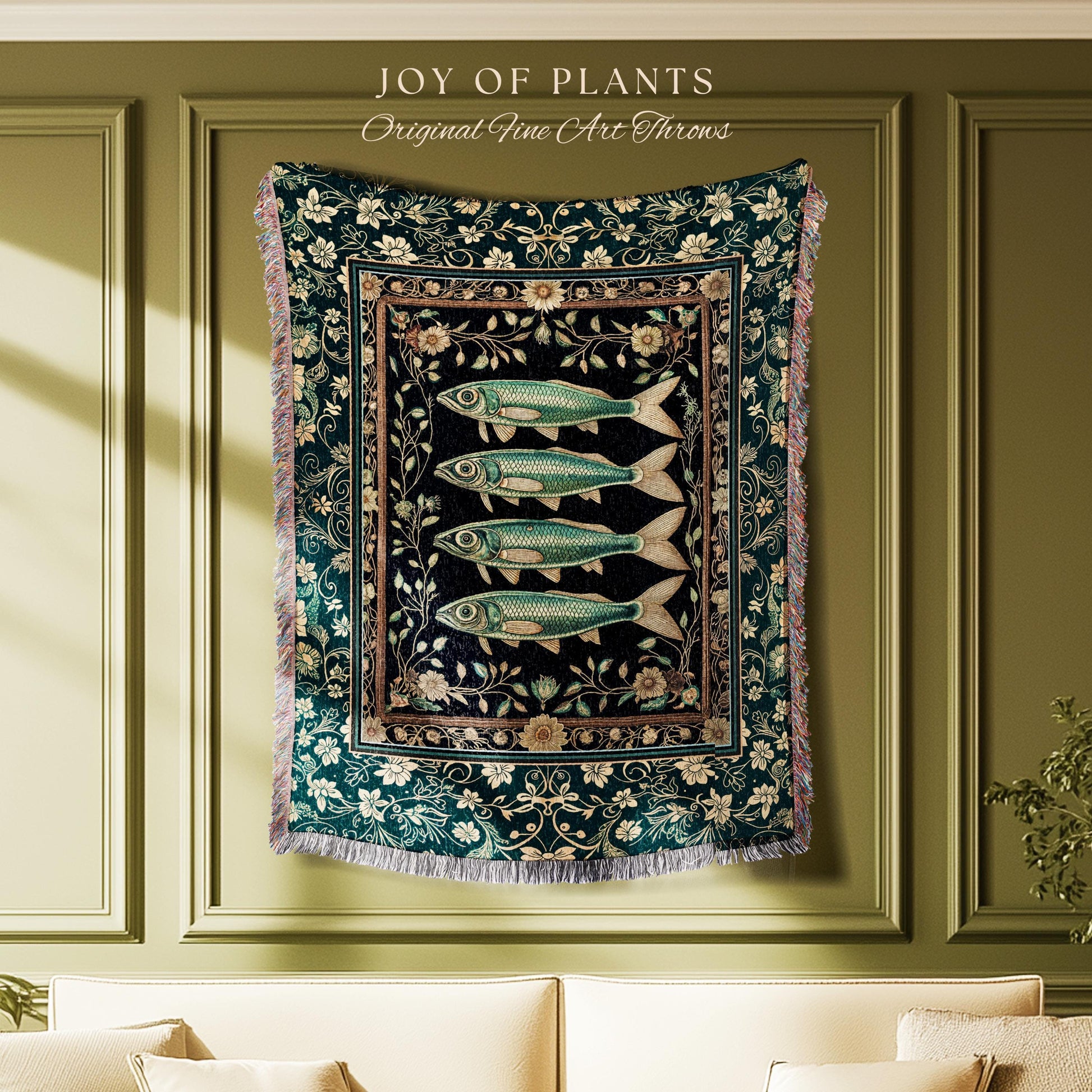 Costal Theme Eclectic Sardine Throw Blanket | Beachy Home Accent Ocean Inspired Costal Aesthetic Woven Wall Tapestry Sea Lover Wall Decor |