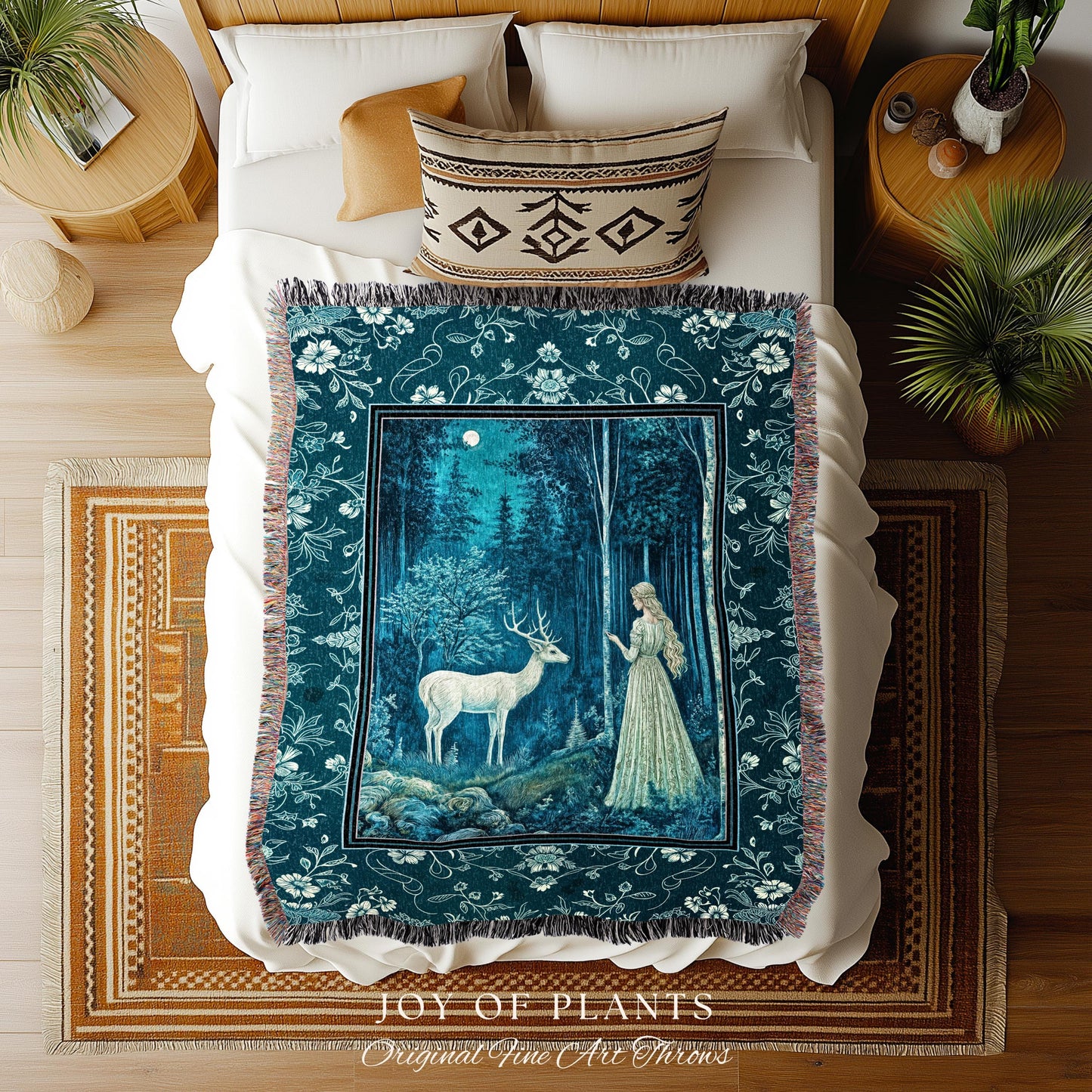 Moonlit Fairytale Mystic Throw Blanket | Misty Moonlit Landscape Whimsical Woven Tapestry Storybook Theme Maximalist Coquette Whimsical Art