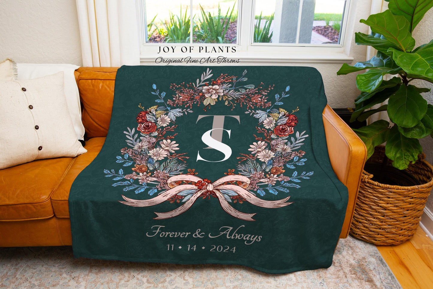 Cozy Newlyweds Initials Throw Blanket | Personalized Keepsake His and Hers Woven Tapestry Custom Dating Anniversary Floral Wreath for Her |