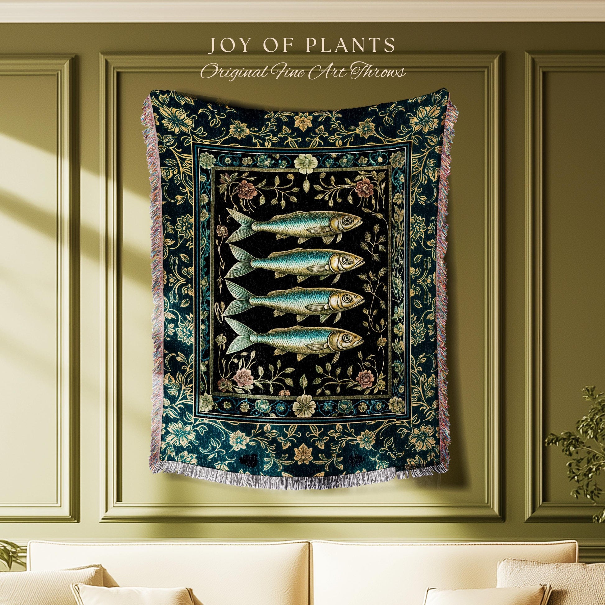 Marine Magic Sardine Woven Wall Tapestry | Sea Life Coastal Folklore Nautical Maximalist Throw Blanket Rustic Oceancore Costal Fish Marine