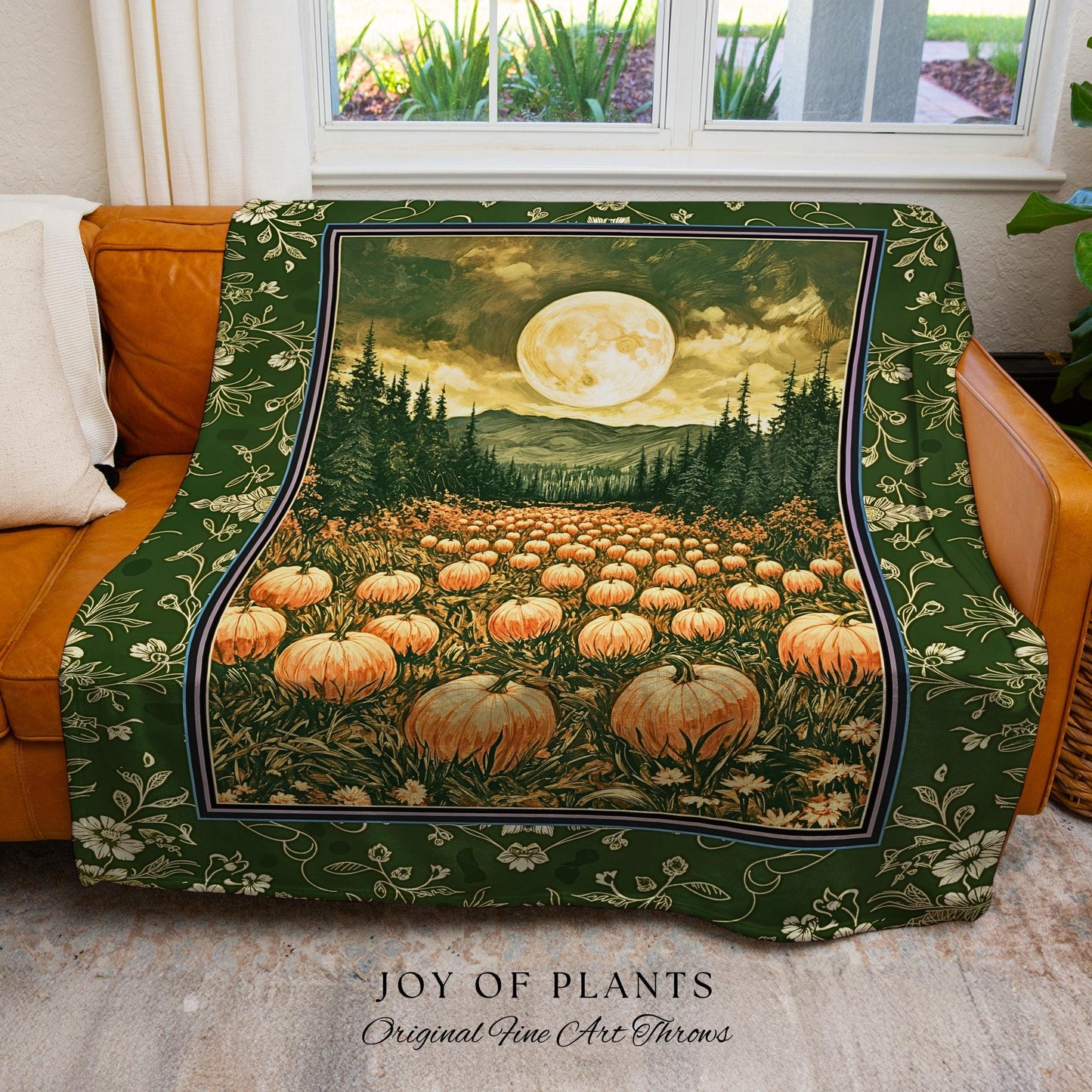 Sage Green Full Moon Throw Blanket | Rustic Pumpkin Woven Tapestry Whimsigothic Aesthetic Rustic Fall Accent Halloween Trees Light Academia