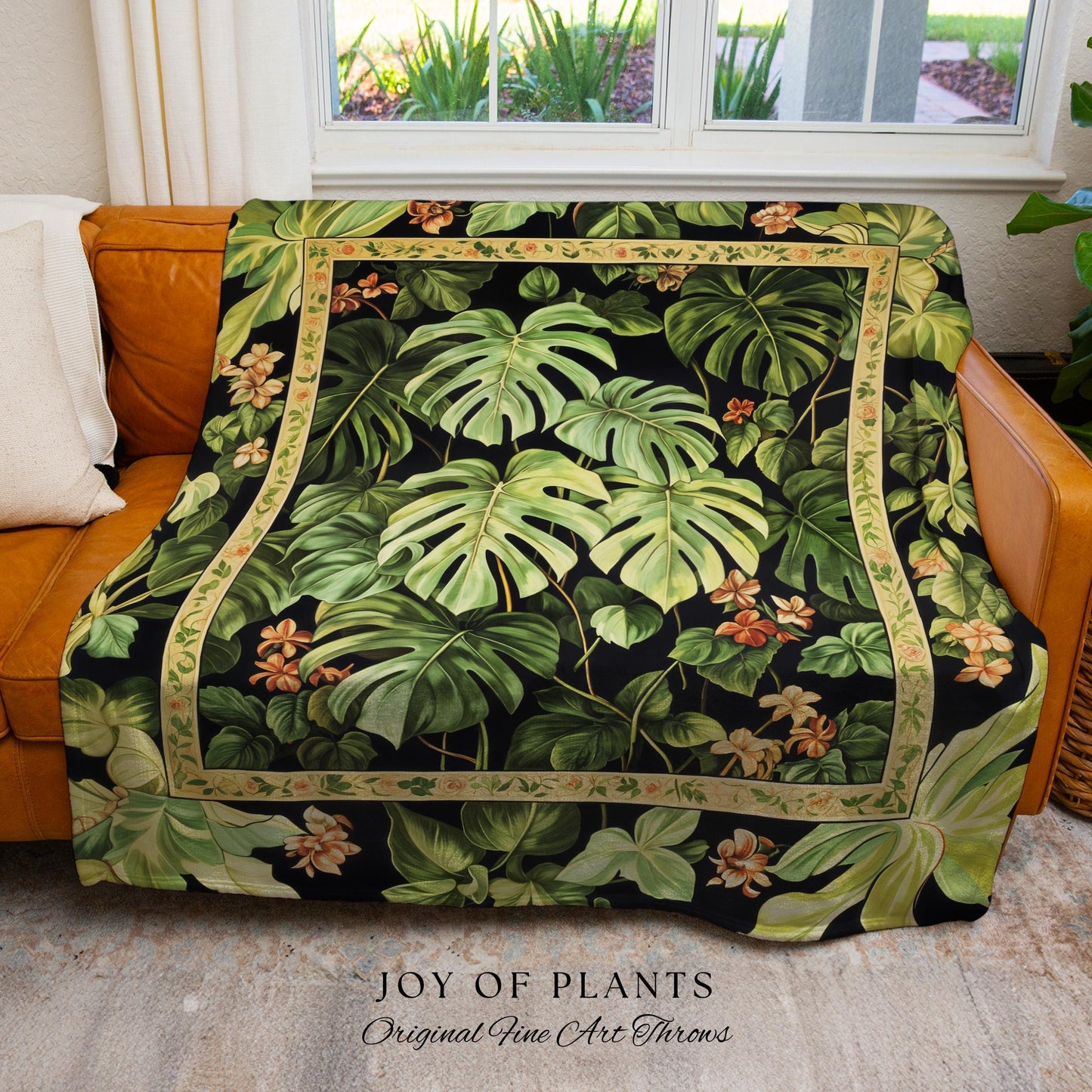 Ethereal Monstera Woodland Botanical Blanket | Tropical Aesthetic Dark Floral Houseplant Lover Whimsical Home Decor Tapestry Woven Throw |