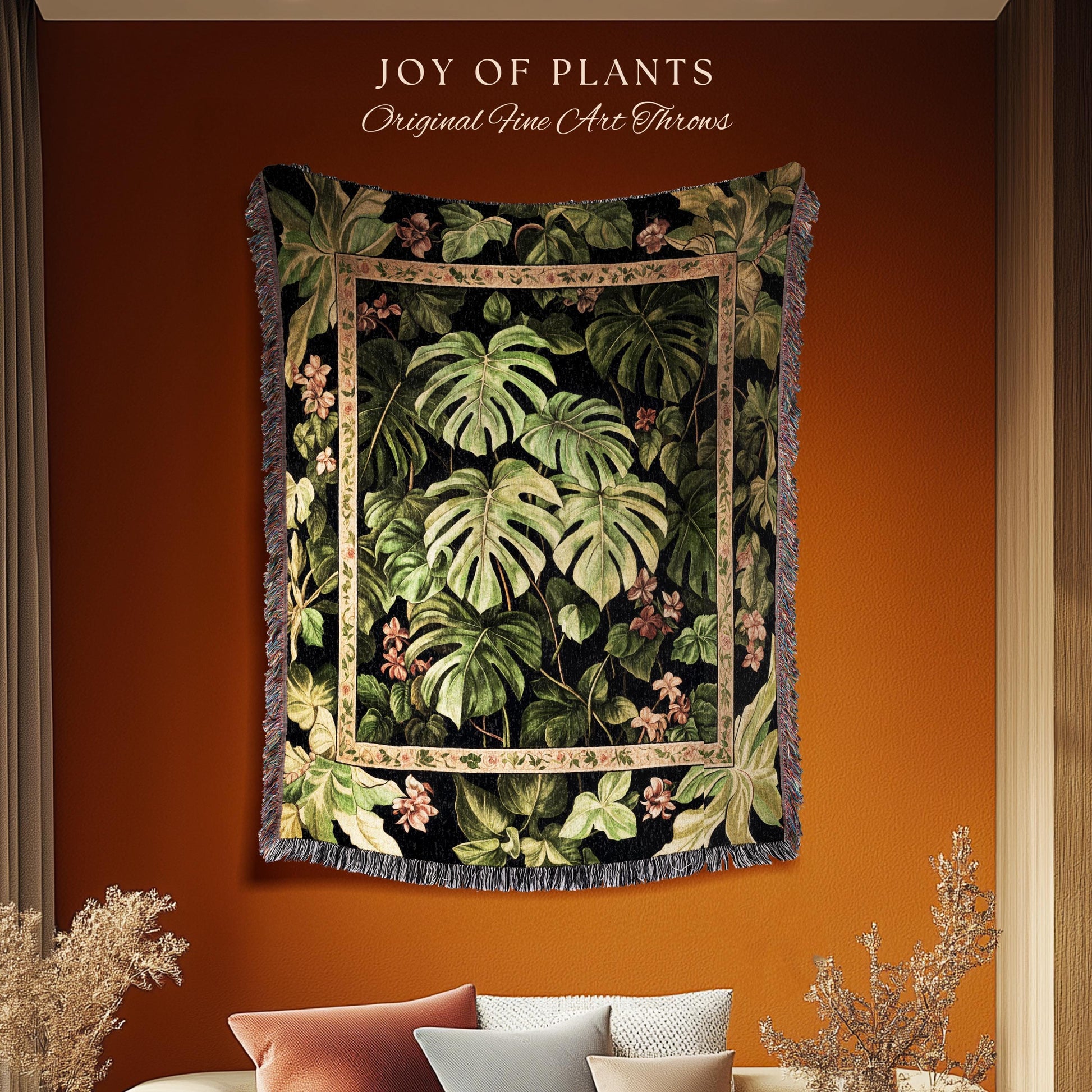 Ethereal Monstera Woodland Botanical Blanket | Tropical Aesthetic Dark Floral Houseplant Lover Whimsical Home Decor Tapestry Woven Throw |