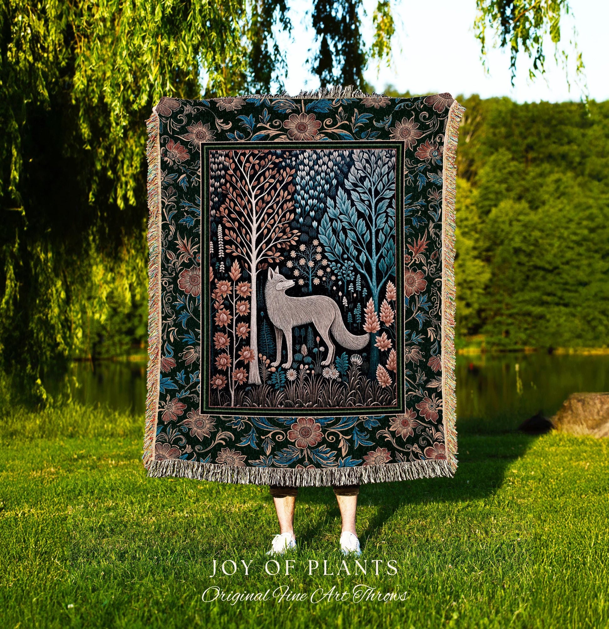 Playful Forest Boho Whimsical Tapestry | Scandinavian Woodland Wolf Boho Fairytale Danish Cottagecore Aesthetic Bohemian Throw Blanket Cozy