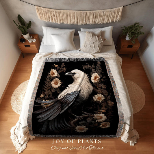 Dark Cottagecore Tapestry Woven Blanket | Crowcore Decor Blanket Woven Wall Hanging | Whimsigoth Room Decor Crow Aesthetic Halloween Vintage