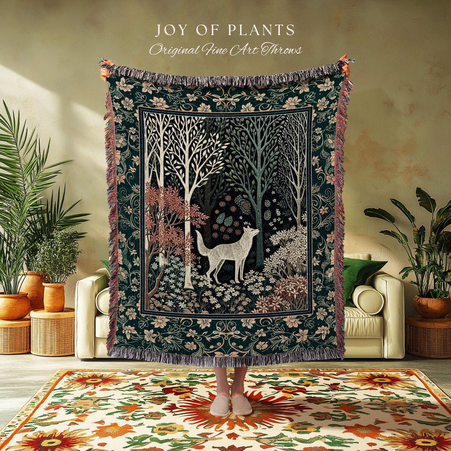 Rustic Nordic Nature Wolf Tapestry | Colorful Folklore Woven Throw Blanket Cottagecore Aesthetic Cute Boho Nursery Pastel Whimsical Woodland