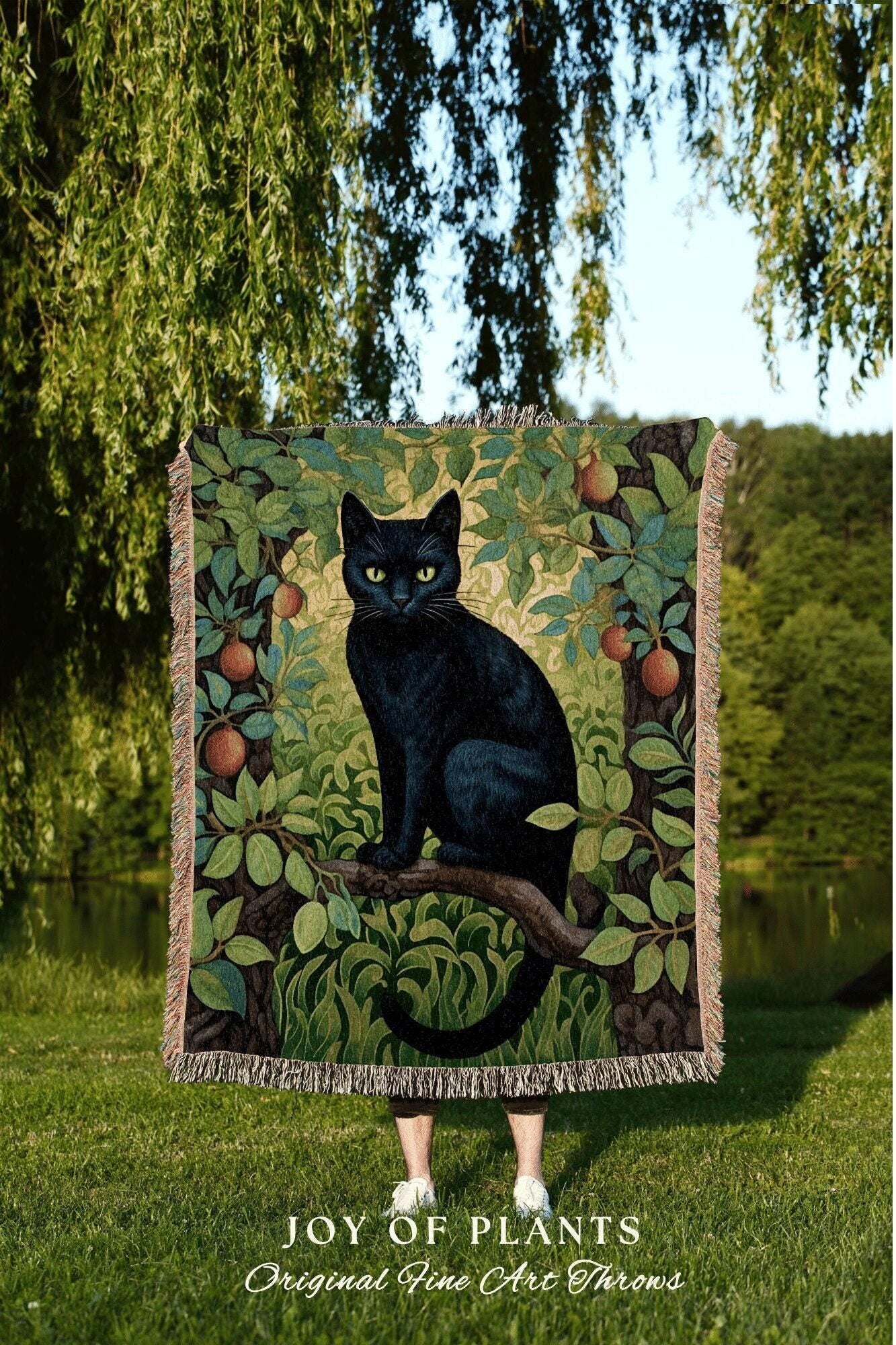 Maximalist Black Cat Throw Blanket | Cat Lover Blanket Gift Decor William Morris Inspired Bedroom Tapestry Woven Botanical Minky Cottagecore