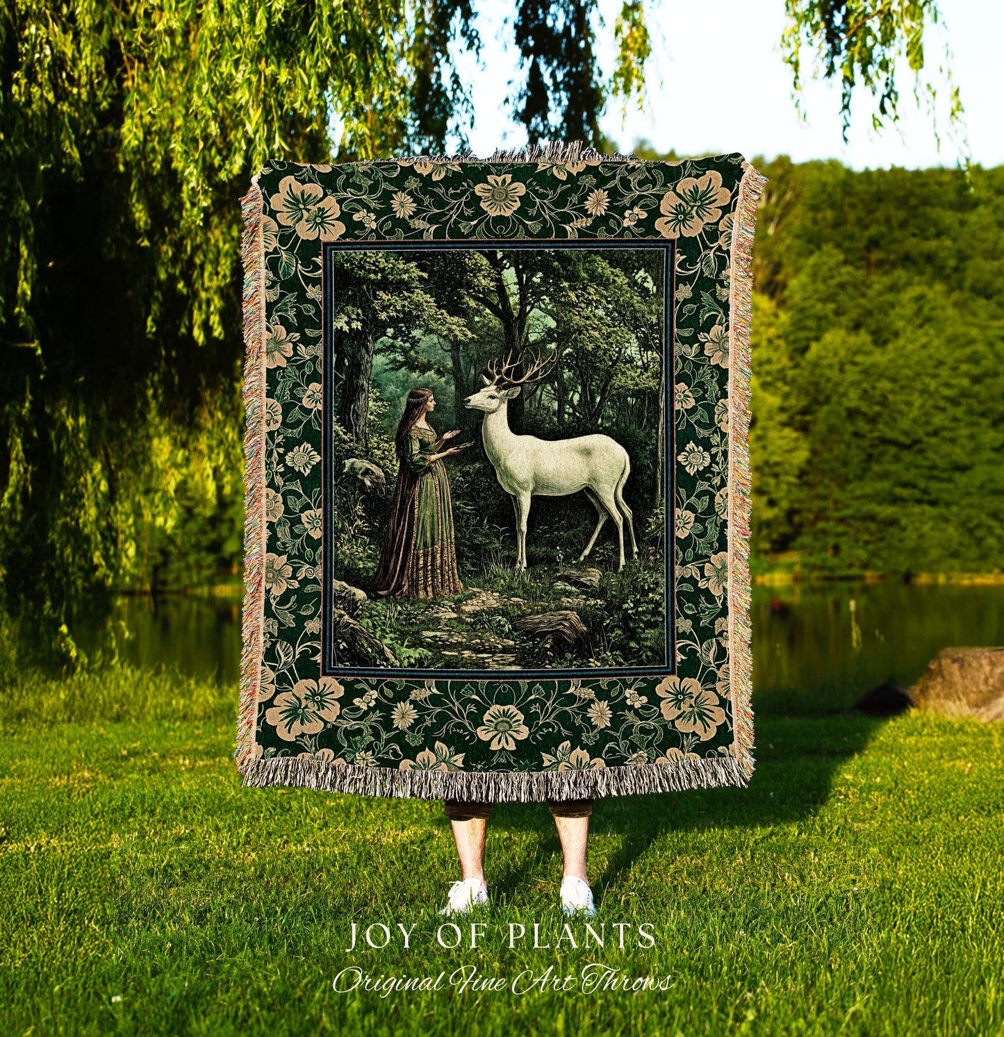 Lush Woodland Folklore Tapestry Woven | Forest Nymph Castlecore Botanical Throw Blanket Forest Spirits Deep Emerald Green Bedroom Accent |