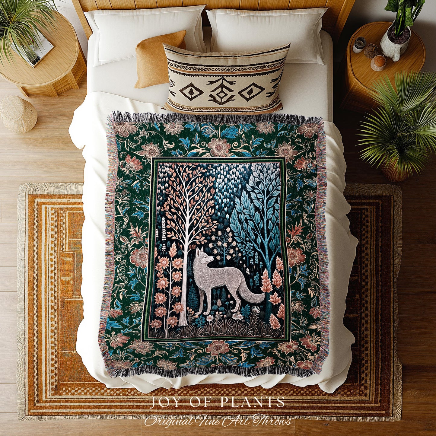 Playful Forest Boho Whimsical Tapestry | Scandinavian Woodland Wolf Boho Fairytale Danish Cottagecore Aesthetic Bohemian Throw Blanket Cozy