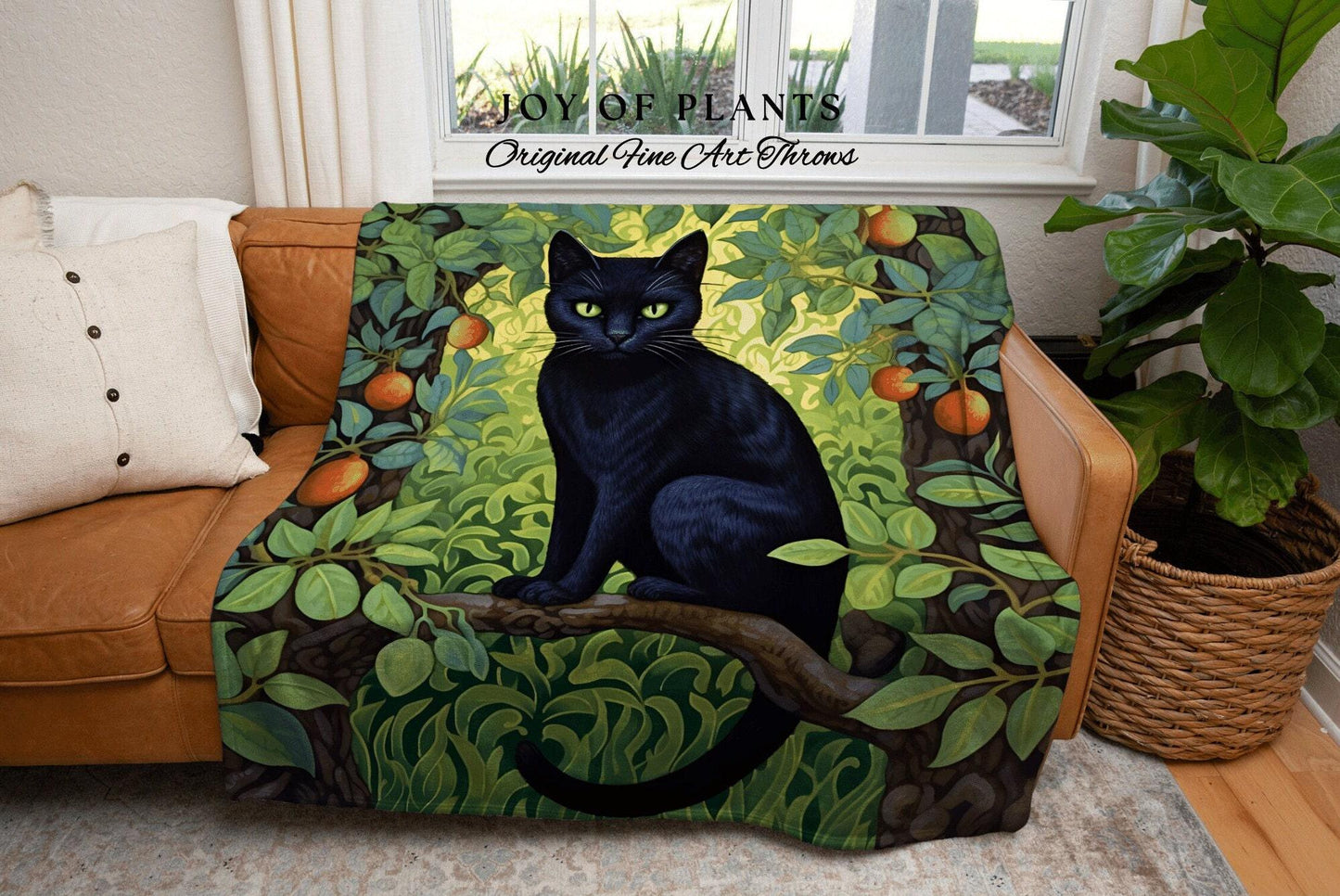 Maximalist Black Cat Throw Blanket | Cat Lover Blanket Gift Decor William Morris Inspired Bedroom Tapestry Woven Botanical Minky Cottagecore