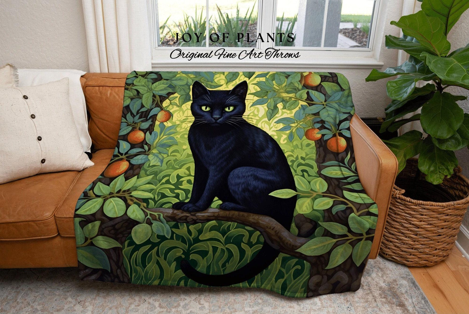 Maximalist Black Cat Throw Blanket | Cat Lover Blanket Gift Decor William Morris Inspired Bedroom Tapestry Woven Botanical Minky Cottagecore